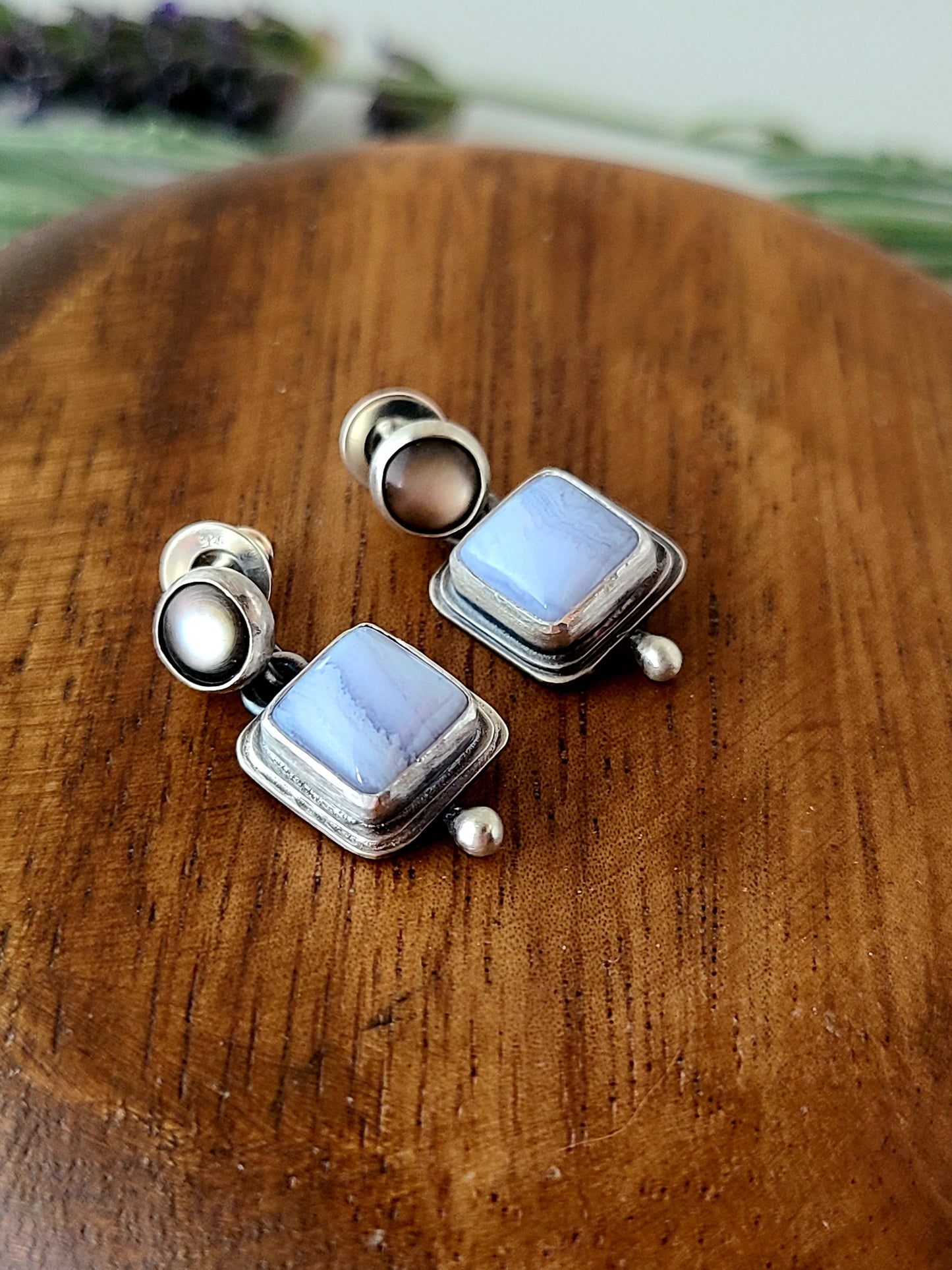 Blue Mist: Square Agate Stud Earrings