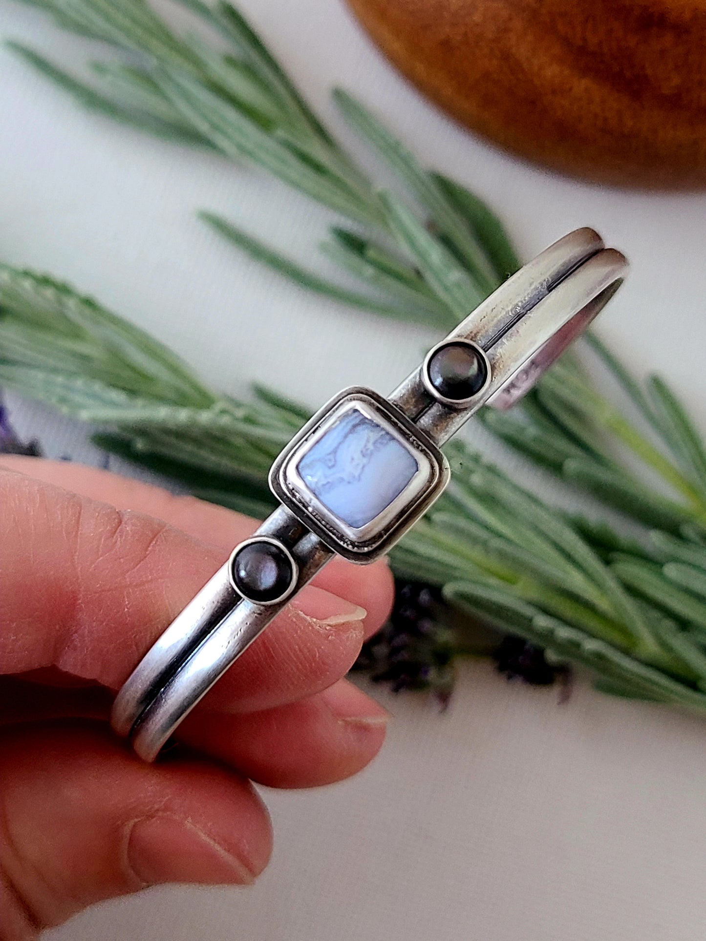 Blue Mist: Agate Cuff Bracelet-Medium