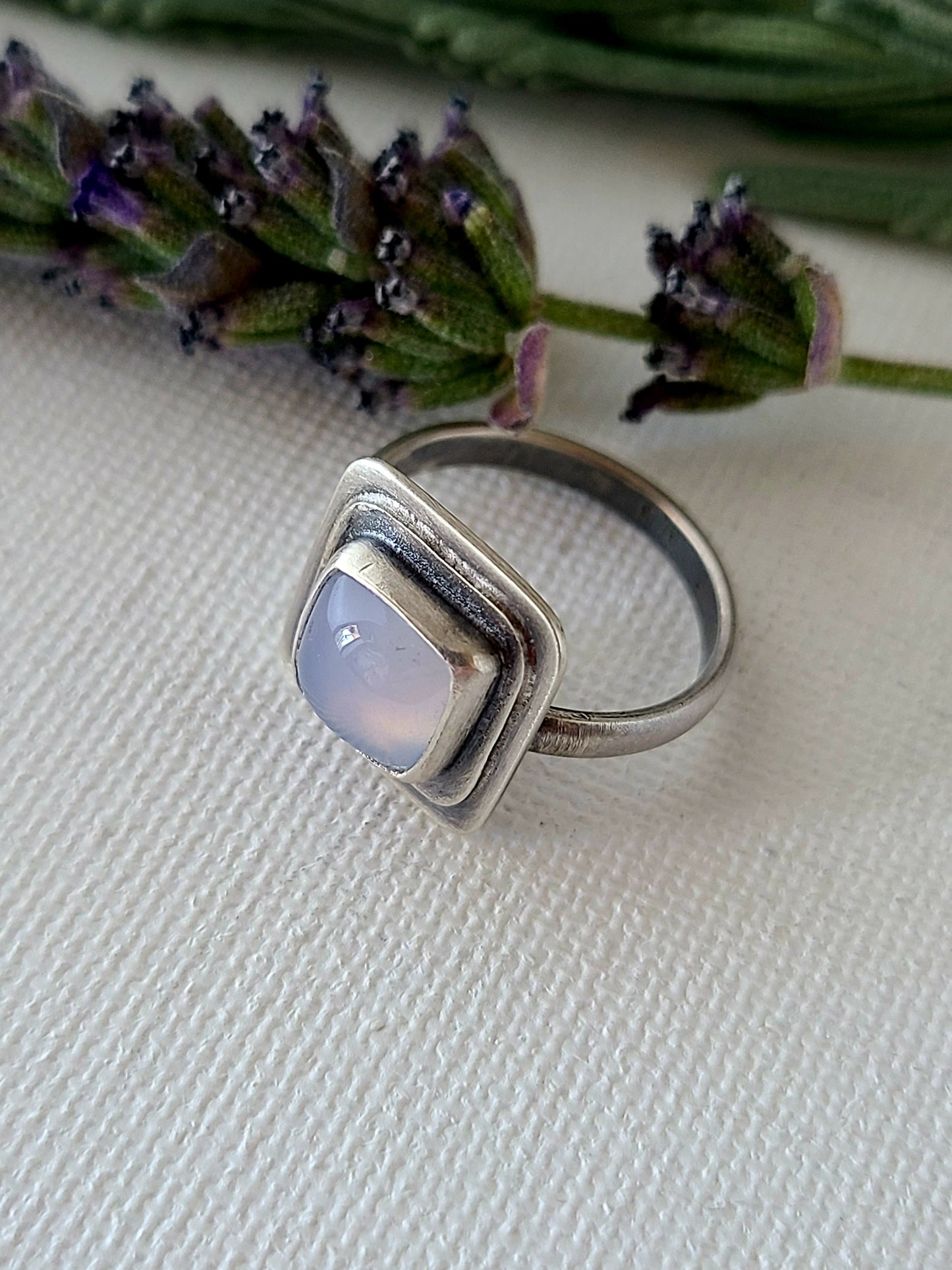 Blue Mist: Square Agate Ring-size 6 US
