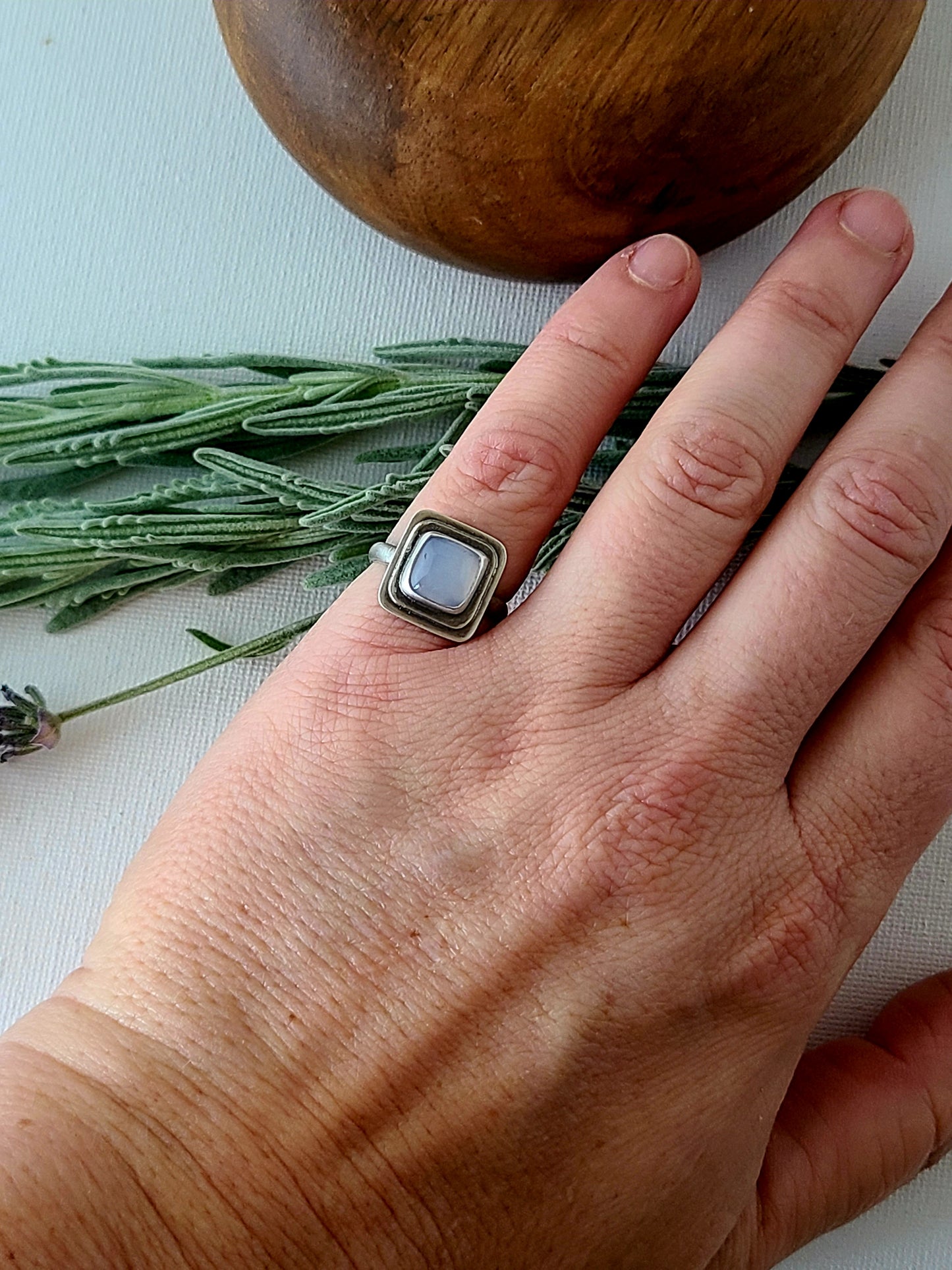 Blue Mist: Square Agate Ring-size 6 US
