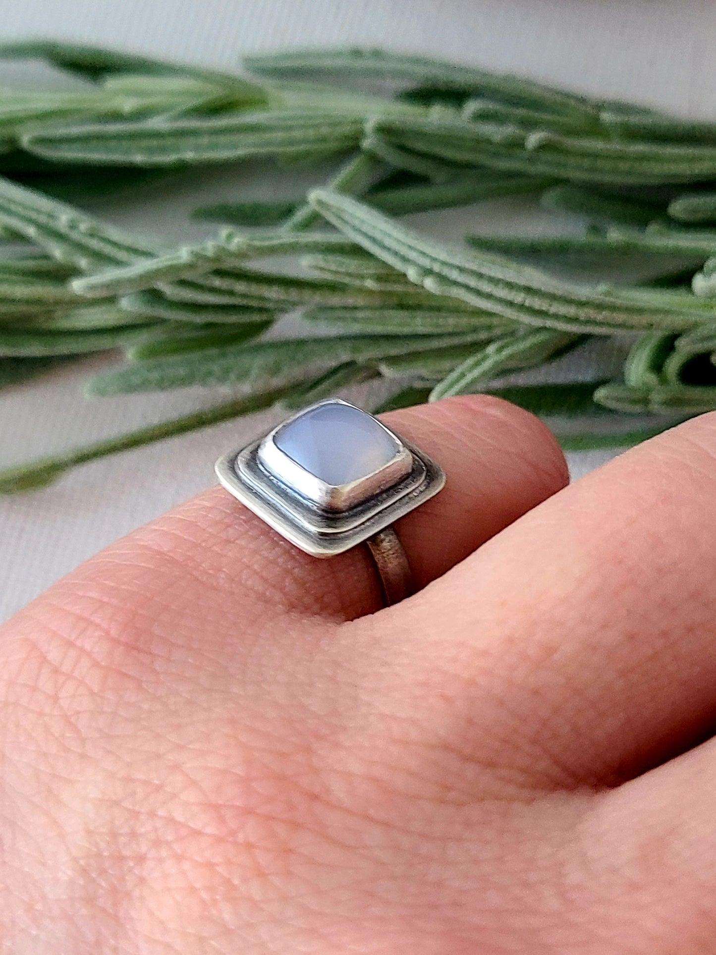 Blue Mist: Square Agate Ring-size 6 US