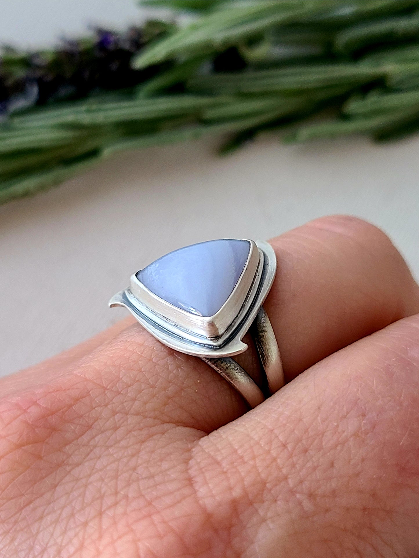 Blue Mist: Triangle Agate Ring-size 8.5 US