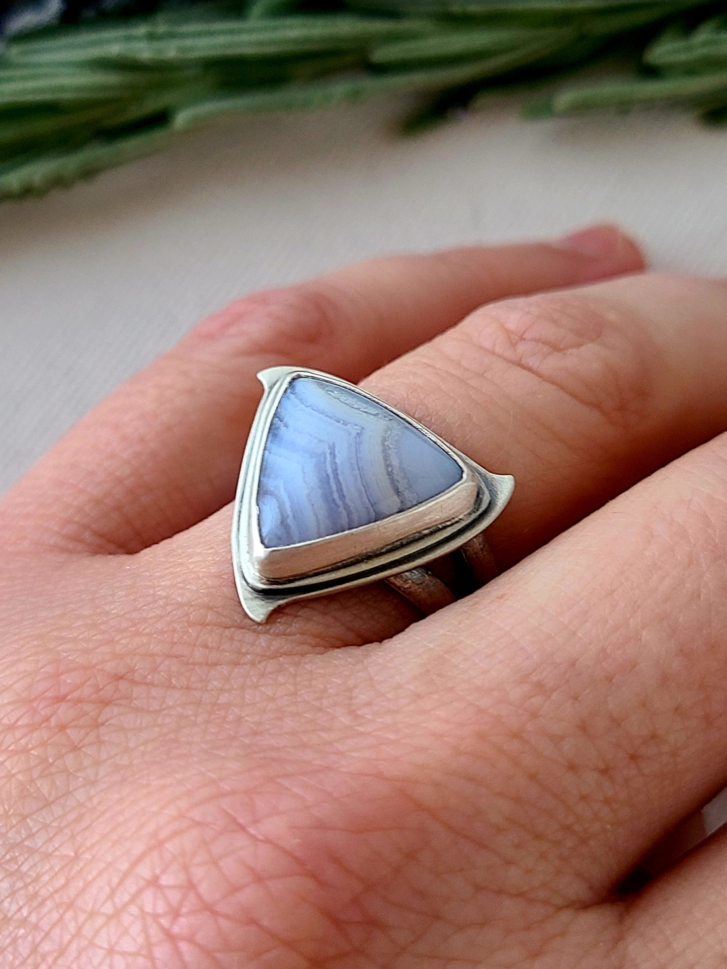 Blue Mist: Triangle Agate Ring-size 7.25