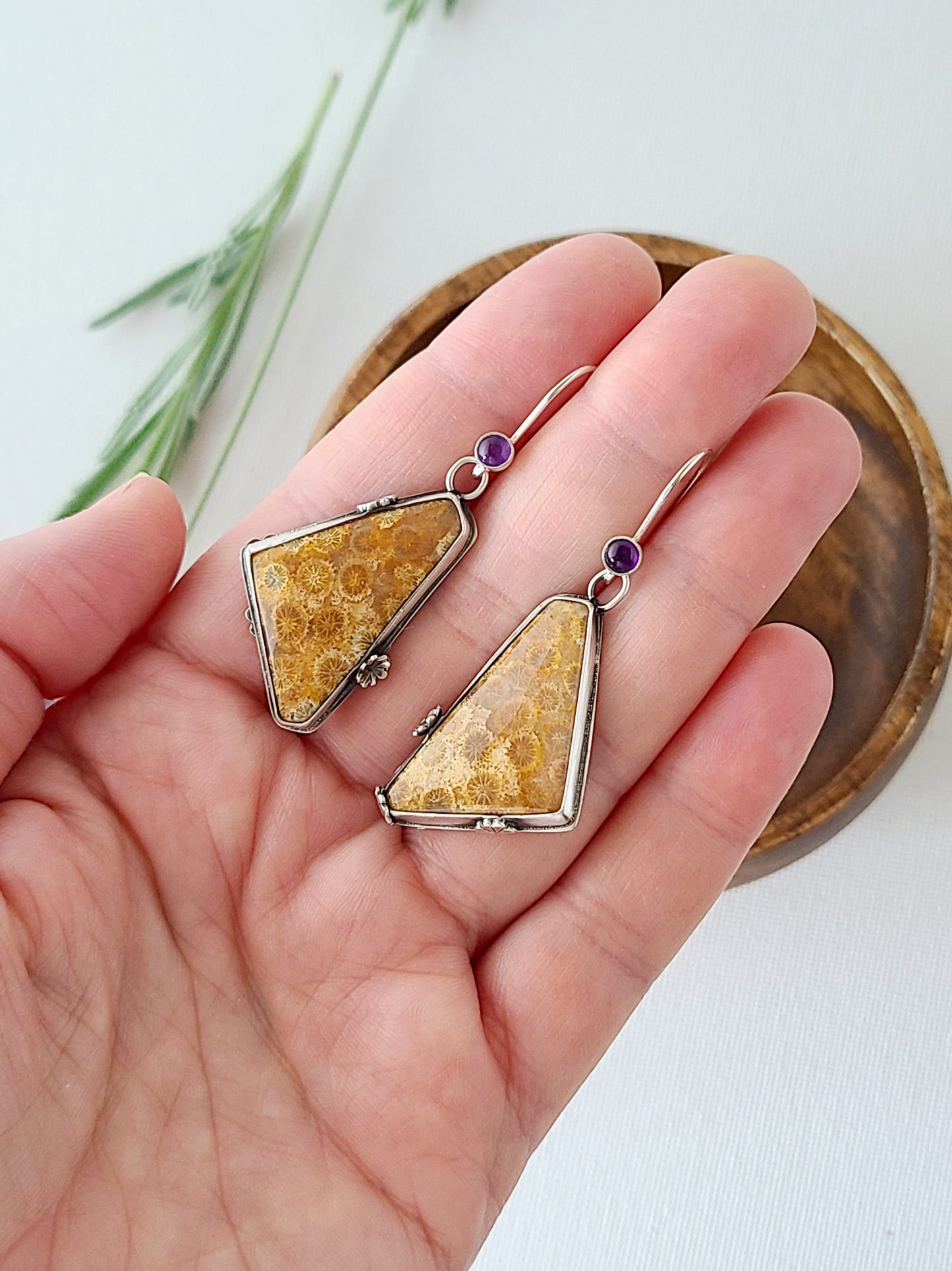 Fossil Flower earrings with Amethyst