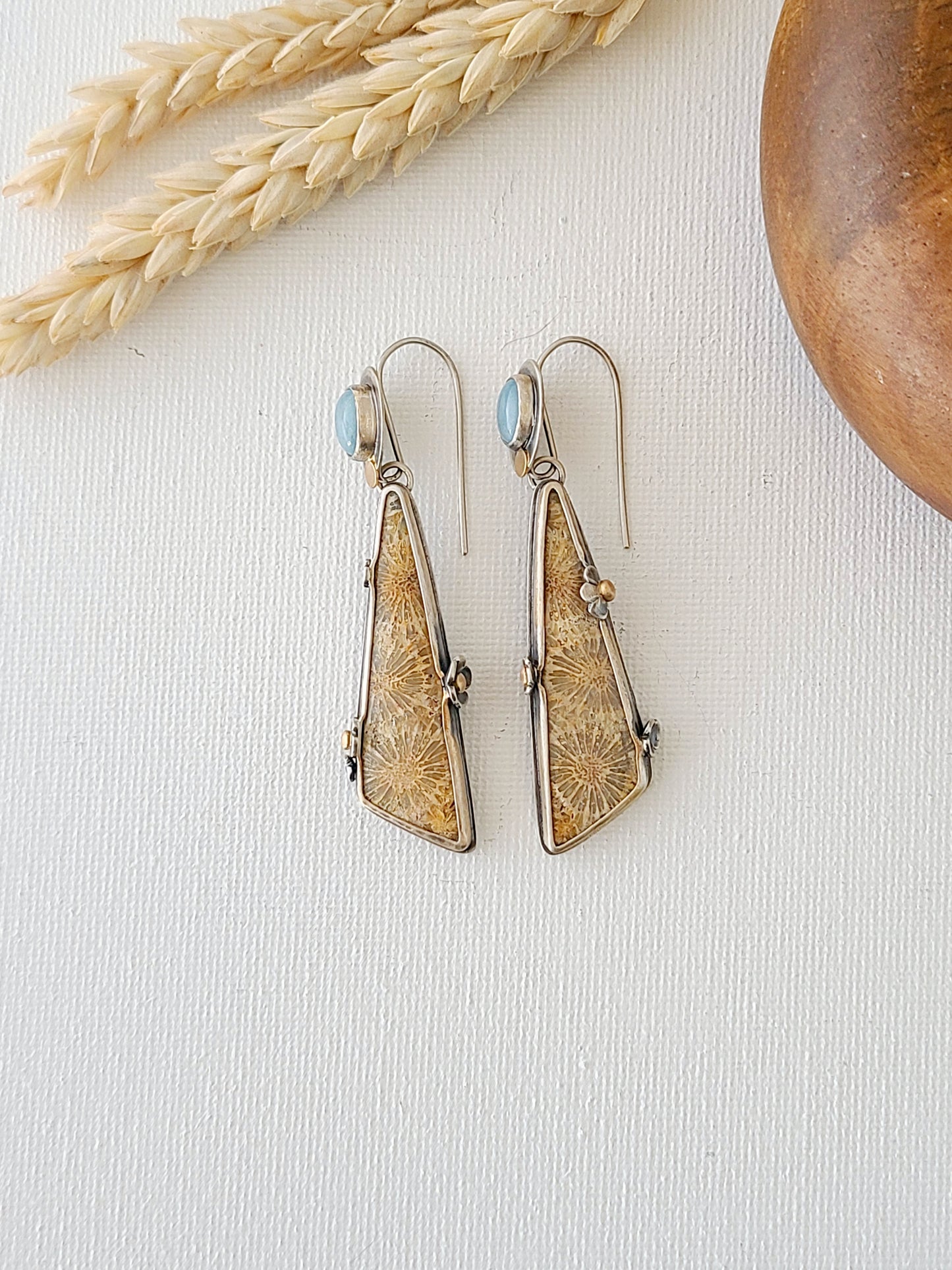 Fossil Flower earrings with Aquamarine-SS/14K