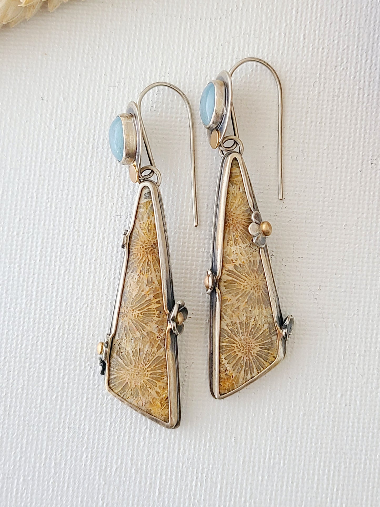 Fossil Flower earrings with Aquamarine-SS/14K