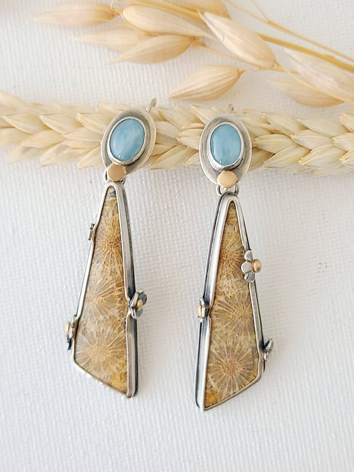 Fossil Flower earrings with Aquamarine-SS/14K