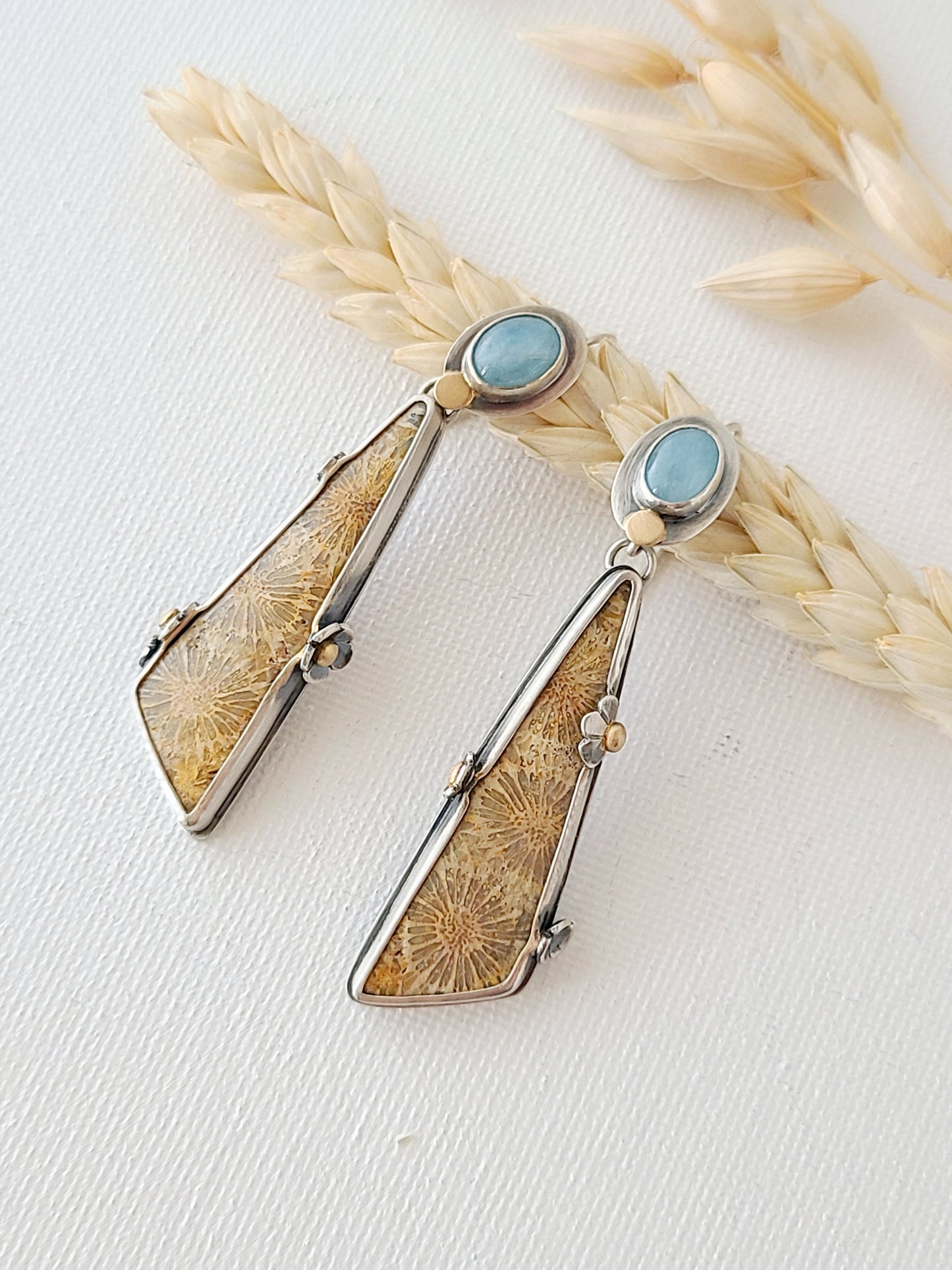 Fossil Flower earrings with Aquamarine-SS/14K