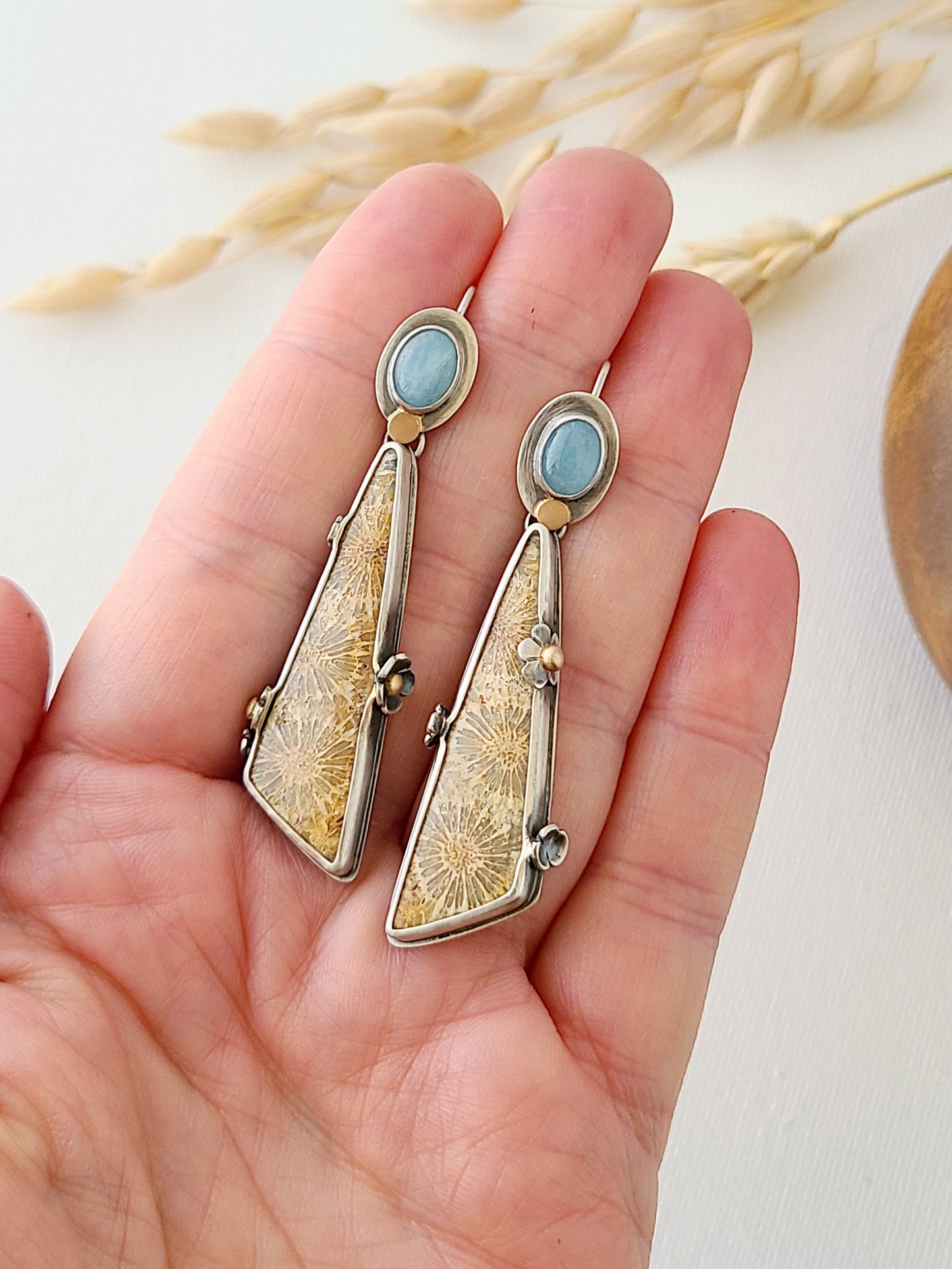Fossil Flower earrings with Aquamarine-SS/14K