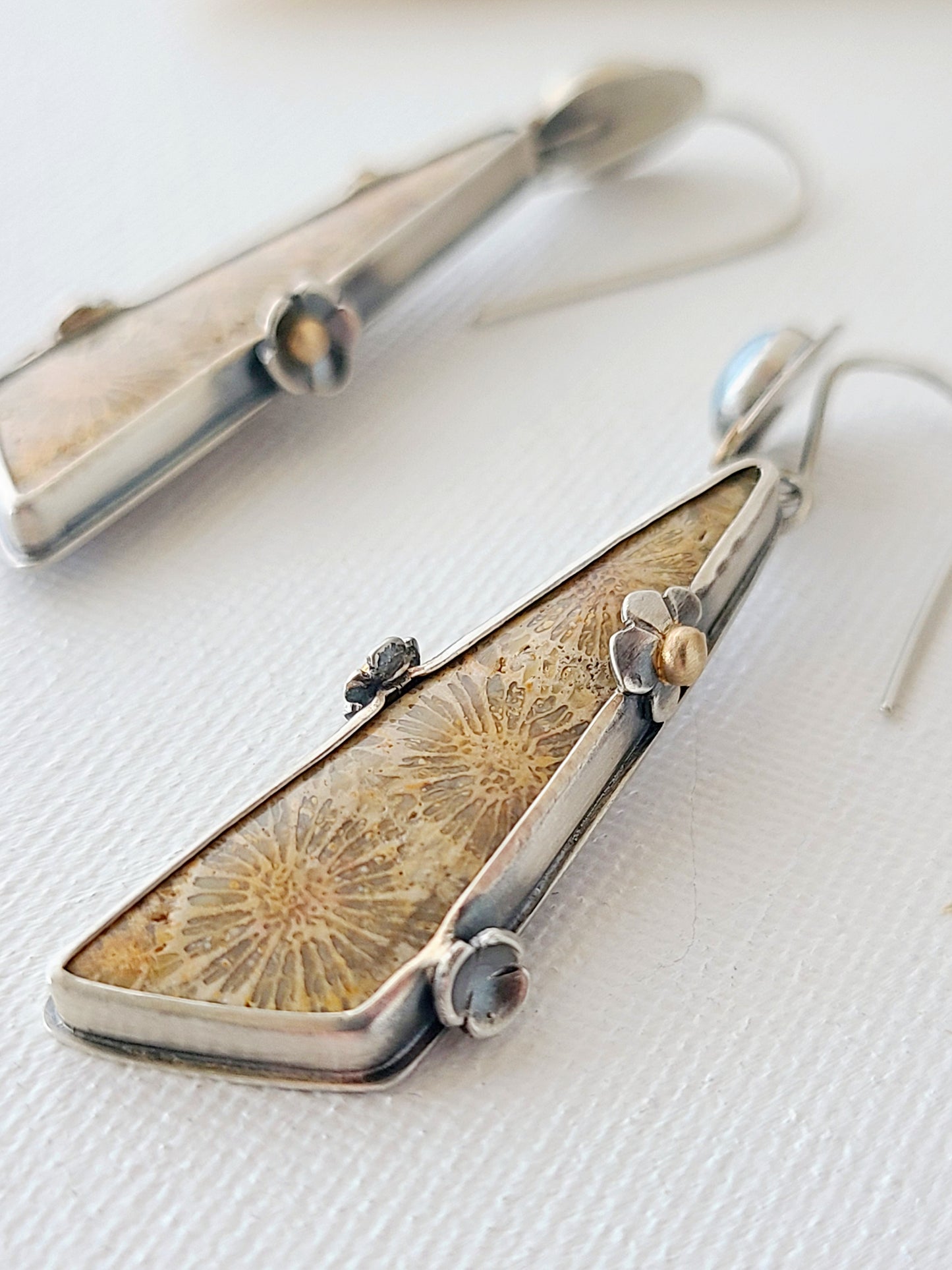 Fossil Flower earrings with Aquamarine-SS/14K