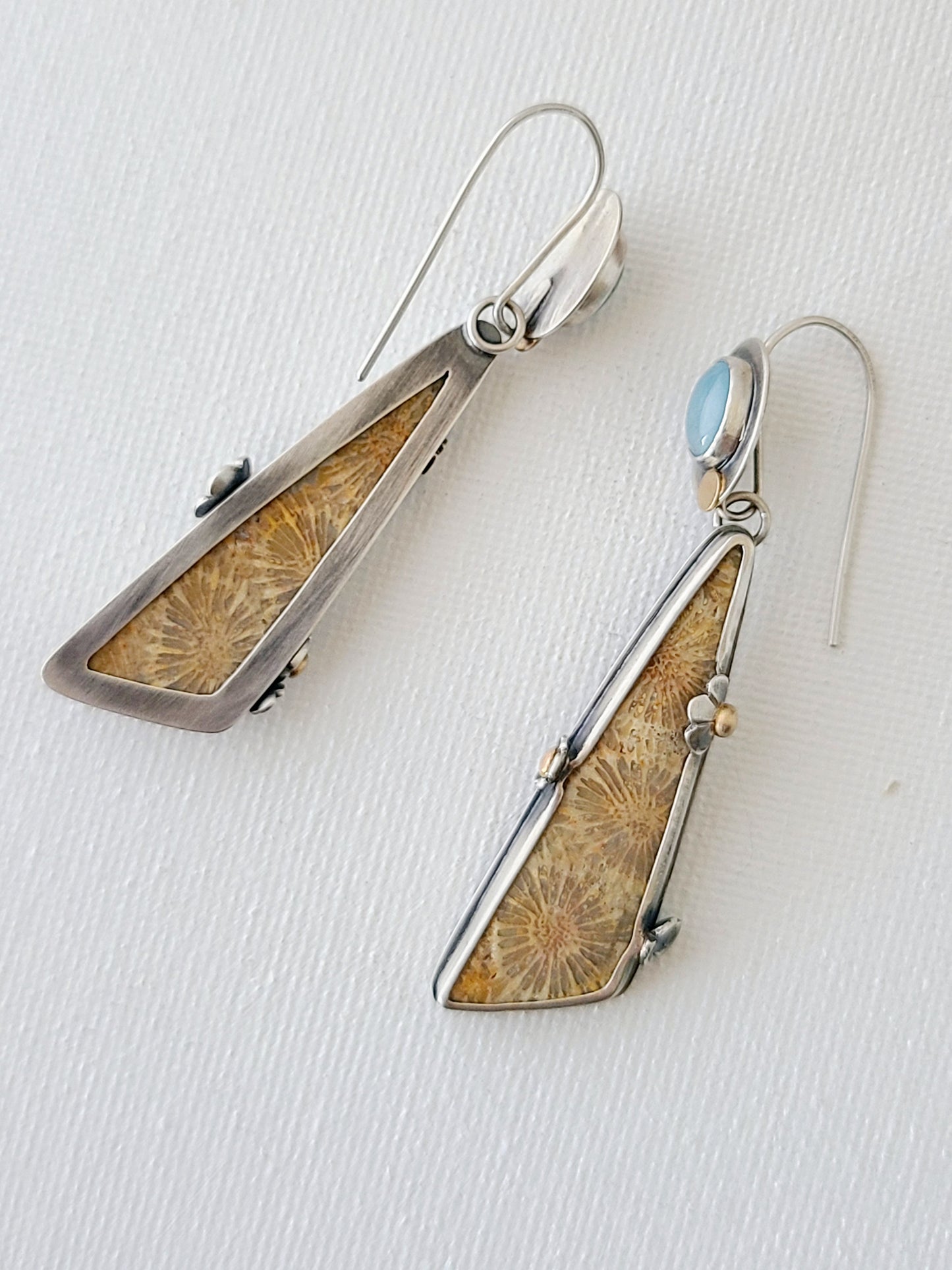 Fossil Flower earrings with Aquamarine-SS/14K