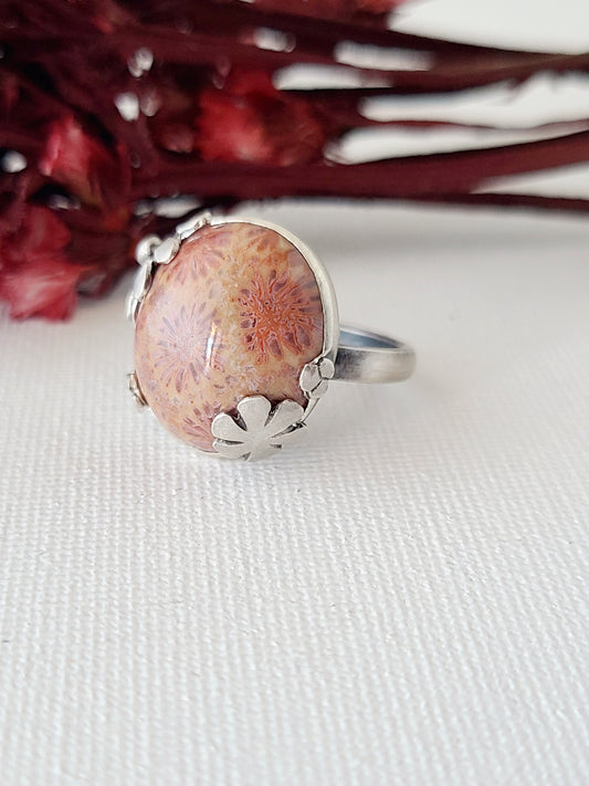 Bouquet ring #9 with Purple Fossil Coral-size 9.5 US