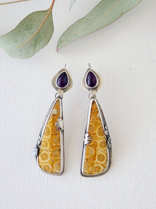 Flourish Earrings-Fossilized Coral with Amethyst