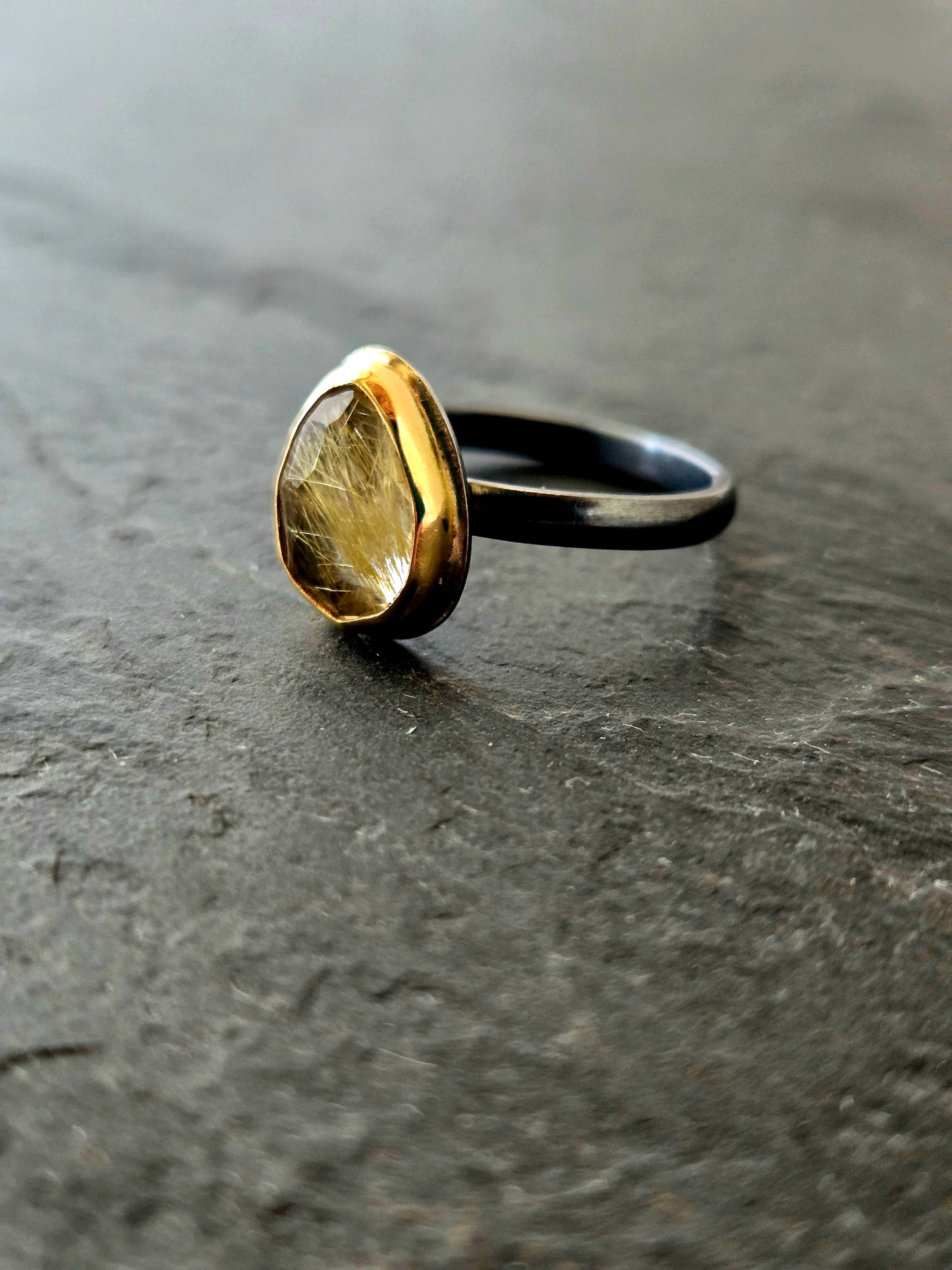Golden Rutilated Quartz Ring-SS/14K: Size 7.75 US
