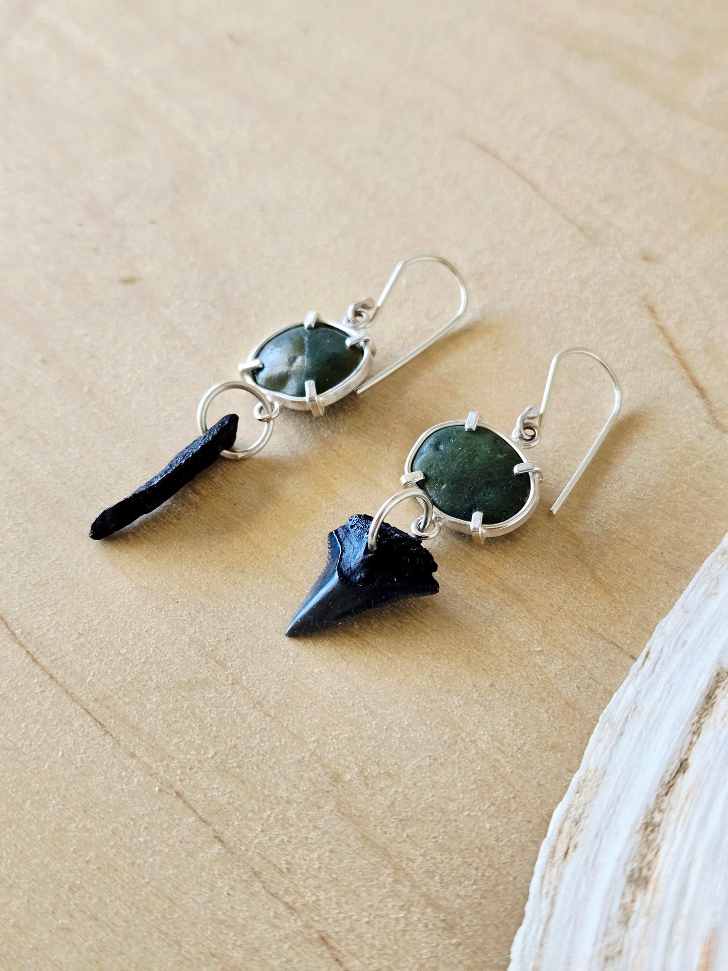 Mismatched Green Beach Stone & Fossil earrings