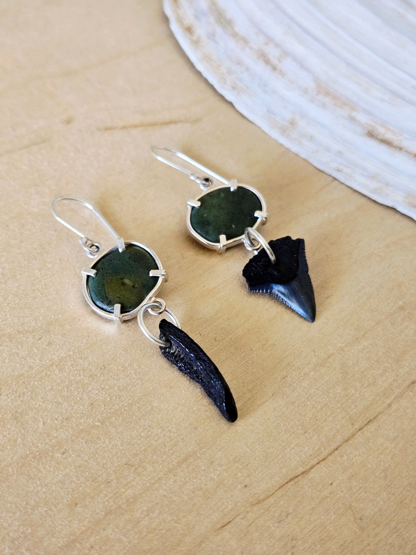Mismatched Green Beach Stone & Fossil earrings