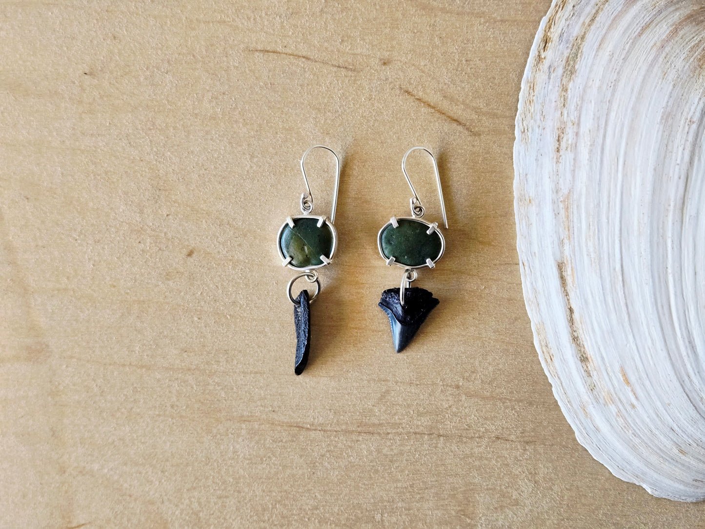 Mismatched Green Beach Stone & Fossil earrings