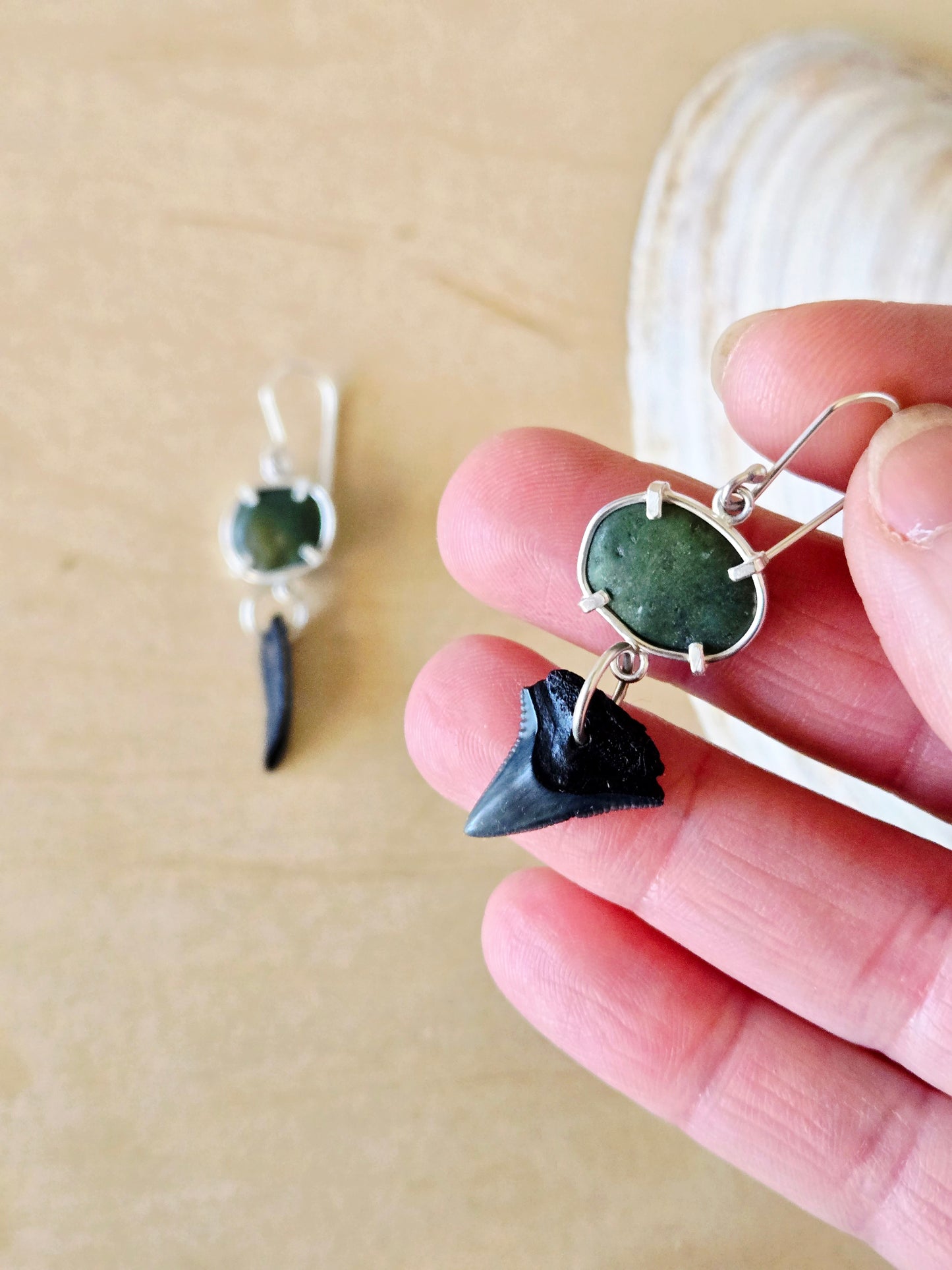 Mismatched Green Beach Stone & Fossil earrings