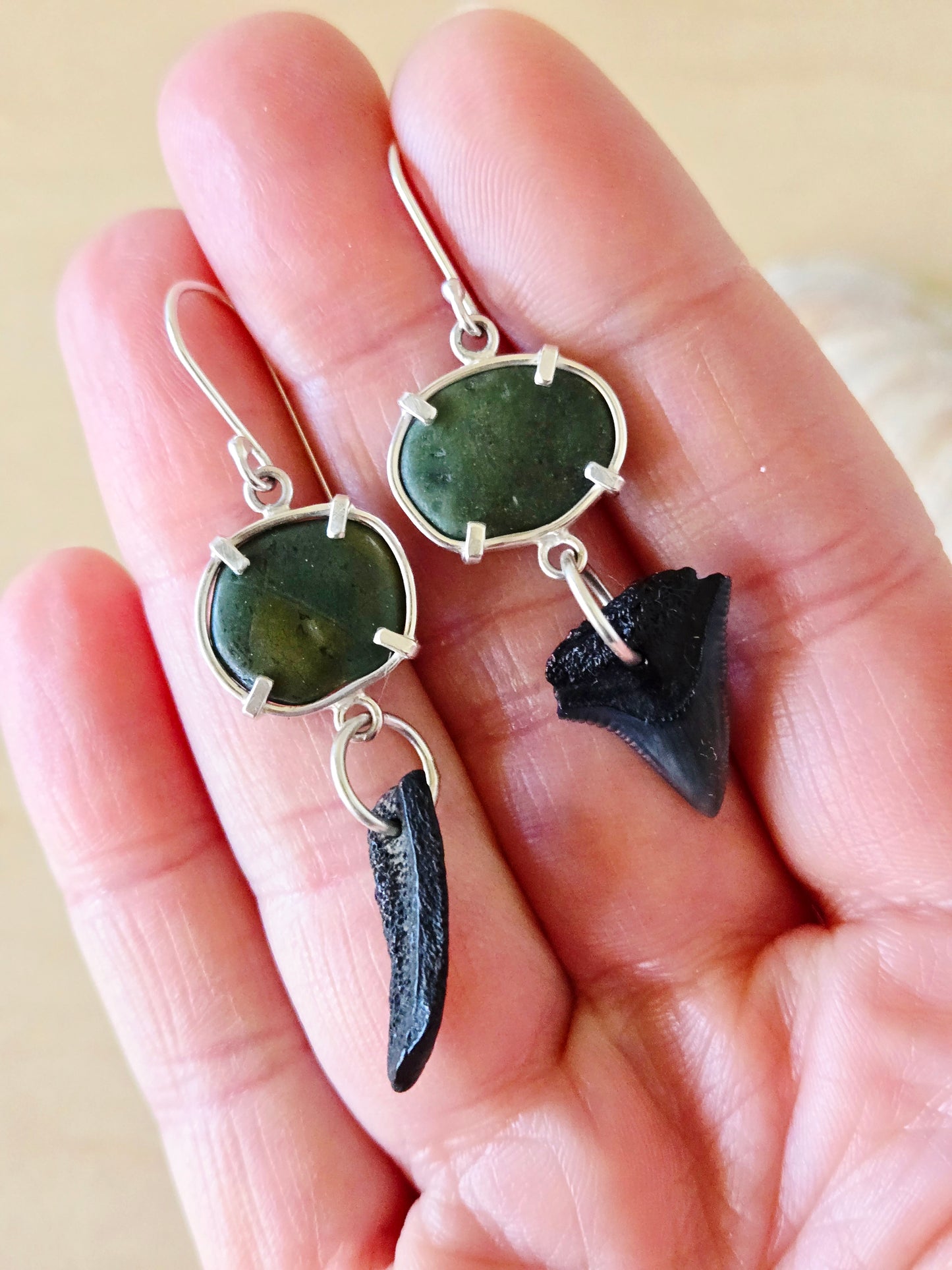 Mismatched Green Beach Stone & Fossil earrings