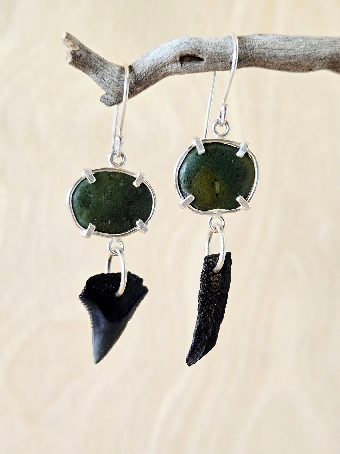 Mismatched Green Beach Stone & Fossil earrings