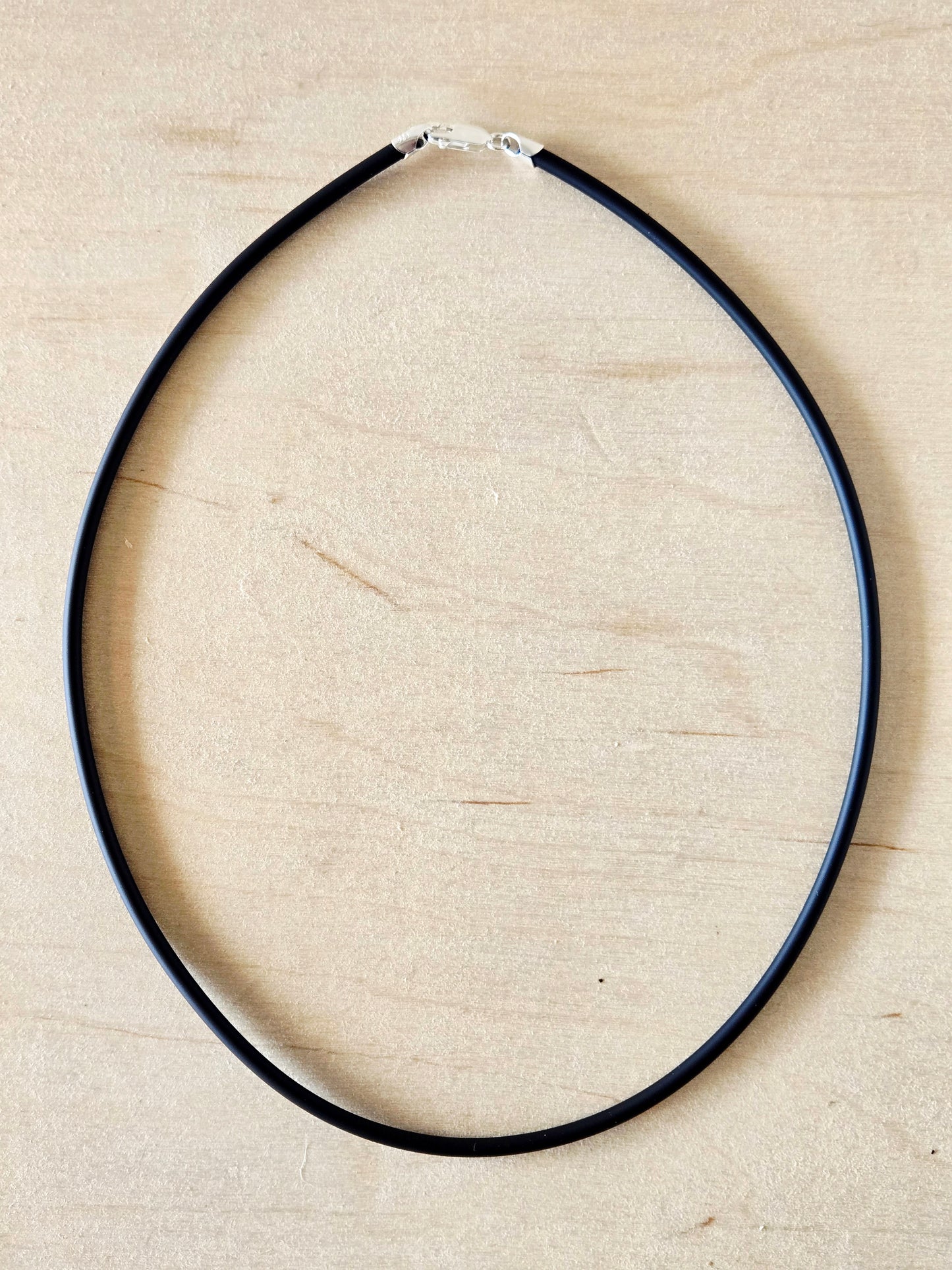 Sterling Silver and black rubber necklace cord: 18"