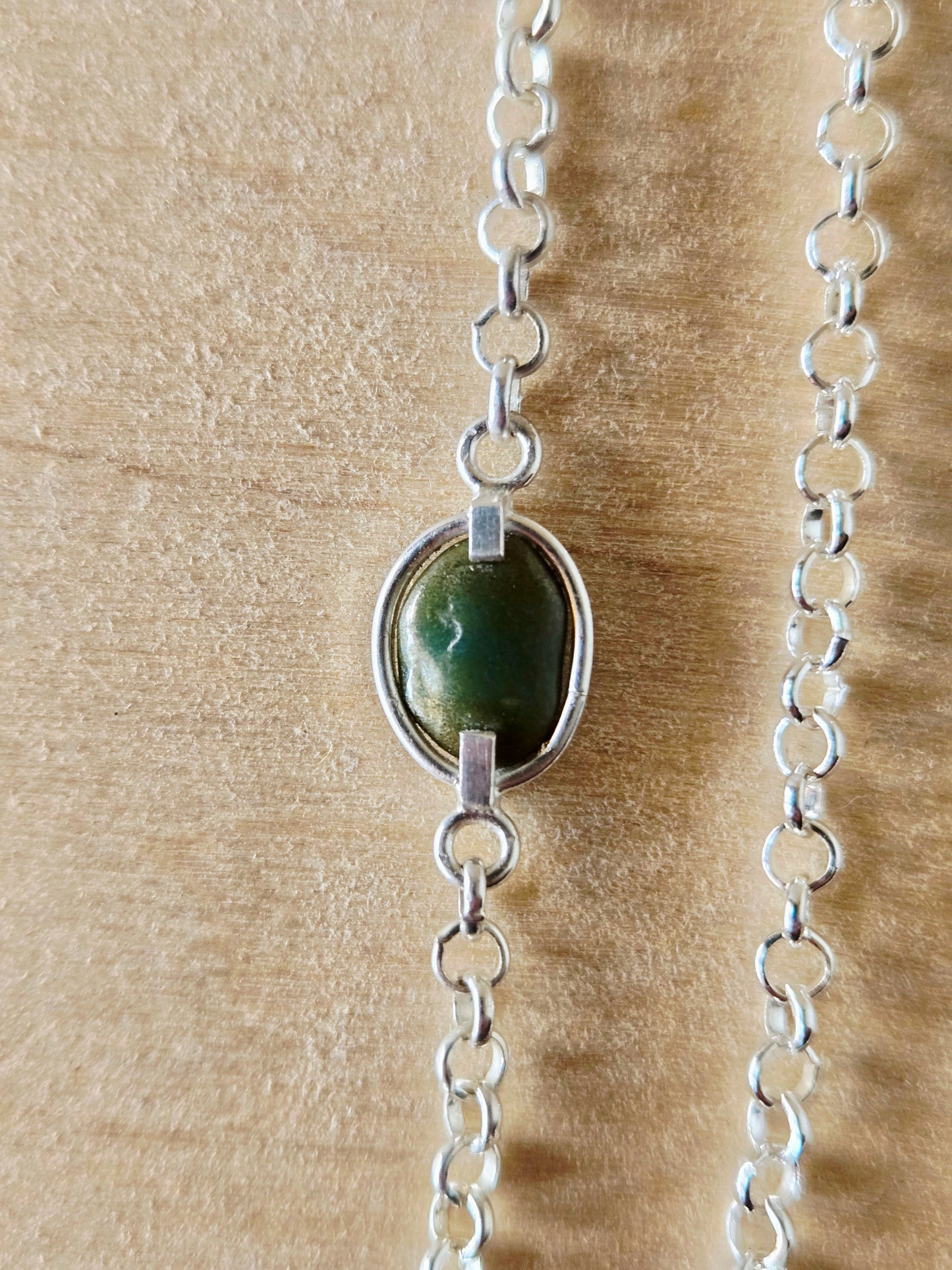 Silver chain with beach stone accent: green/blue