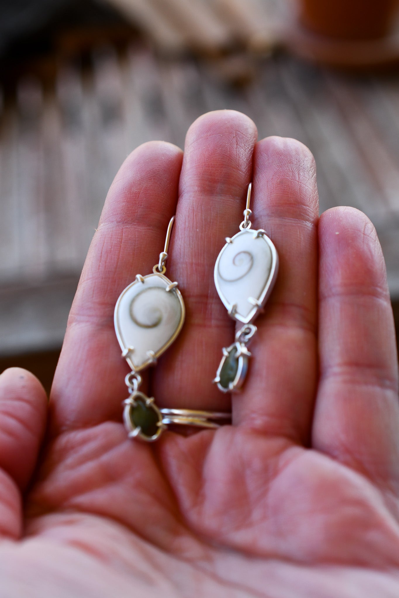 Reversible Spiral Shell Earrings with Green Beach Stones: Skinny Marquis