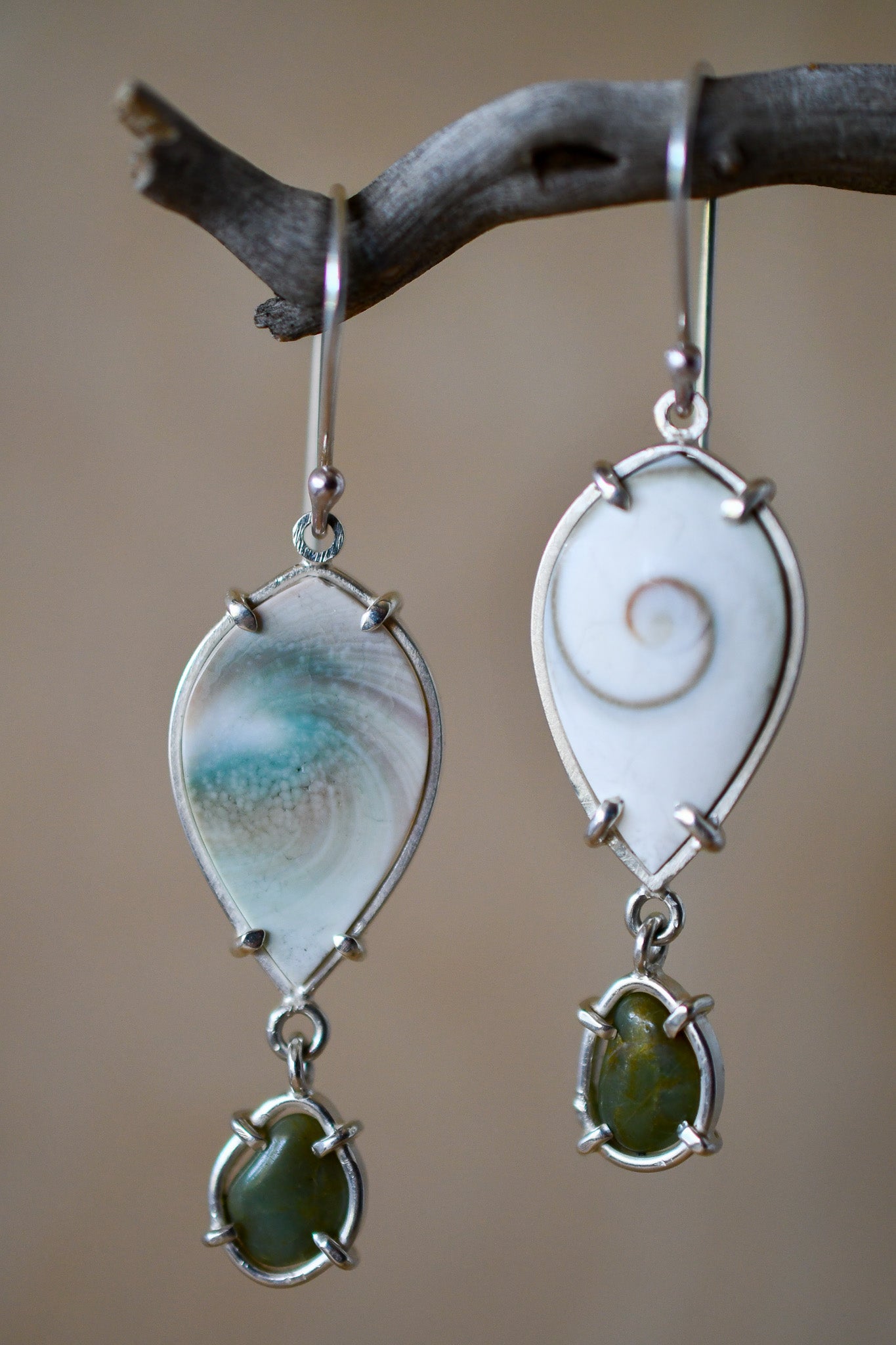 Reversible Spiral Shell Earrings with Green Beach Stones: Skinny Marquis