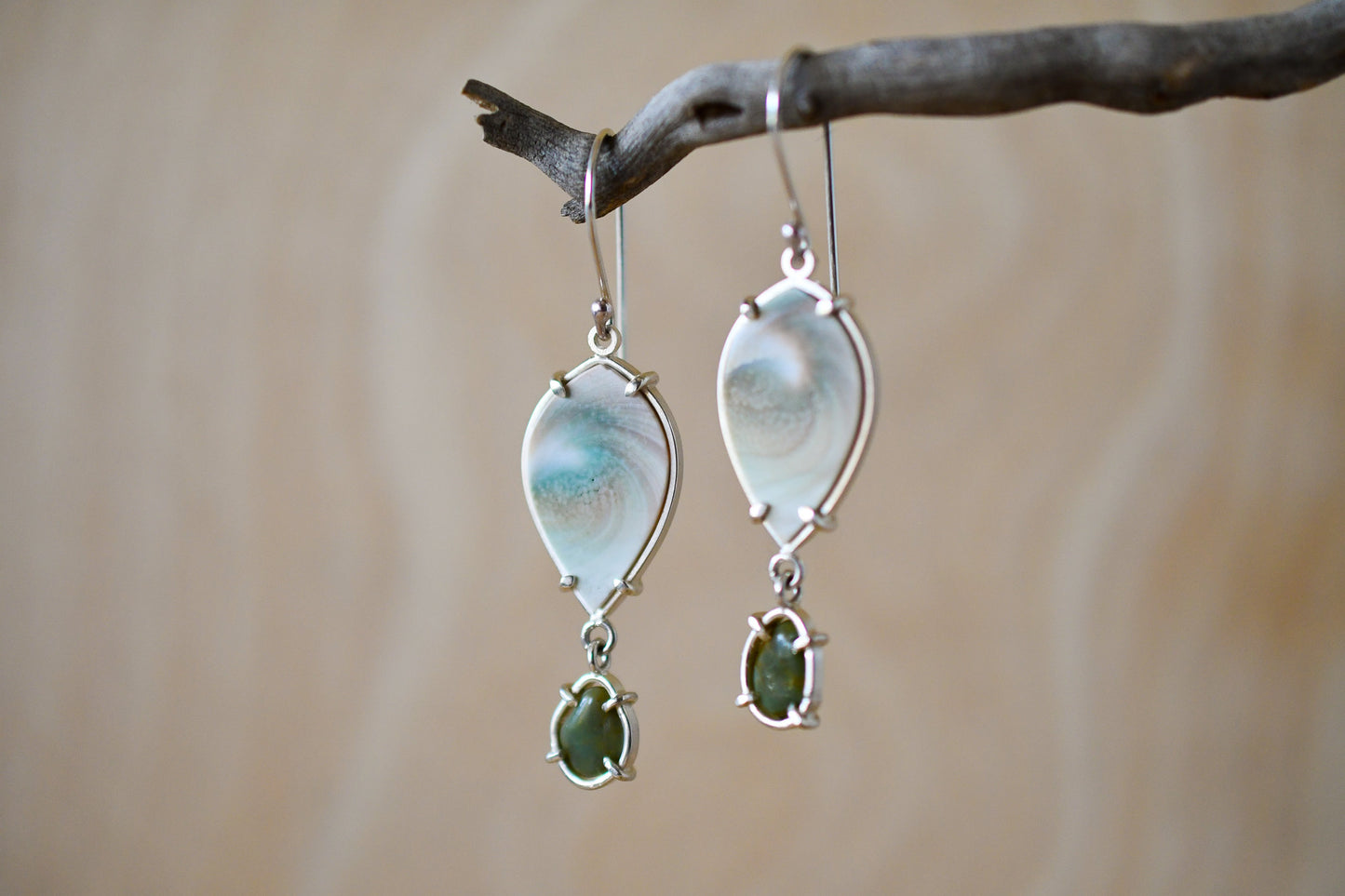 Reversible Spiral Shell Earrings with Green Beach Stones: Skinny Marquis