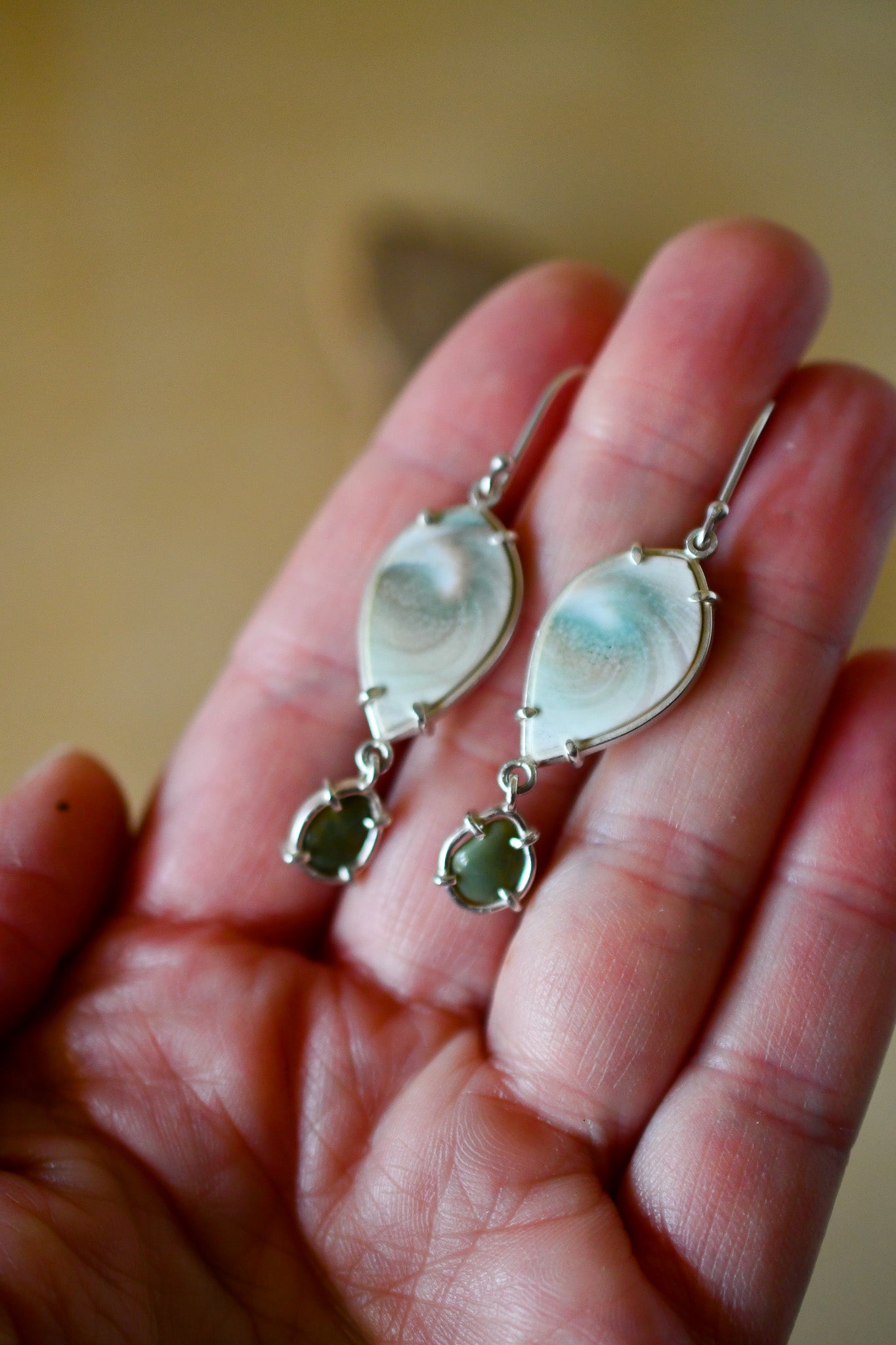 Reversible Spiral Shell Earrings with Green Beach Stones: Skinny Marquis