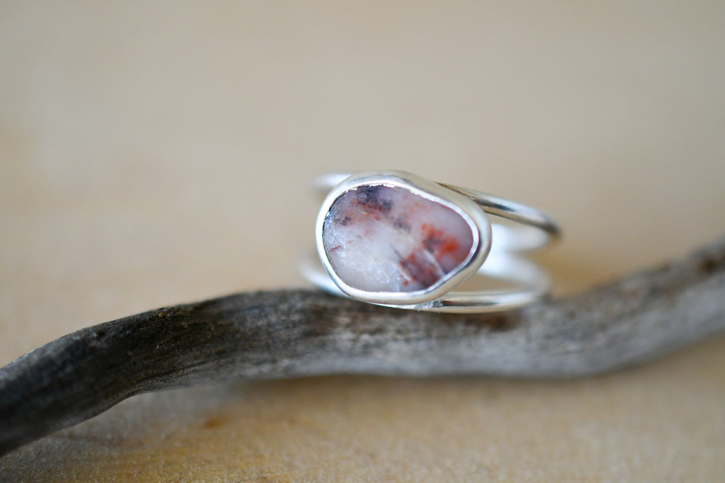 Pink & White Beach Stone Ring: Size 9-9.25 US
