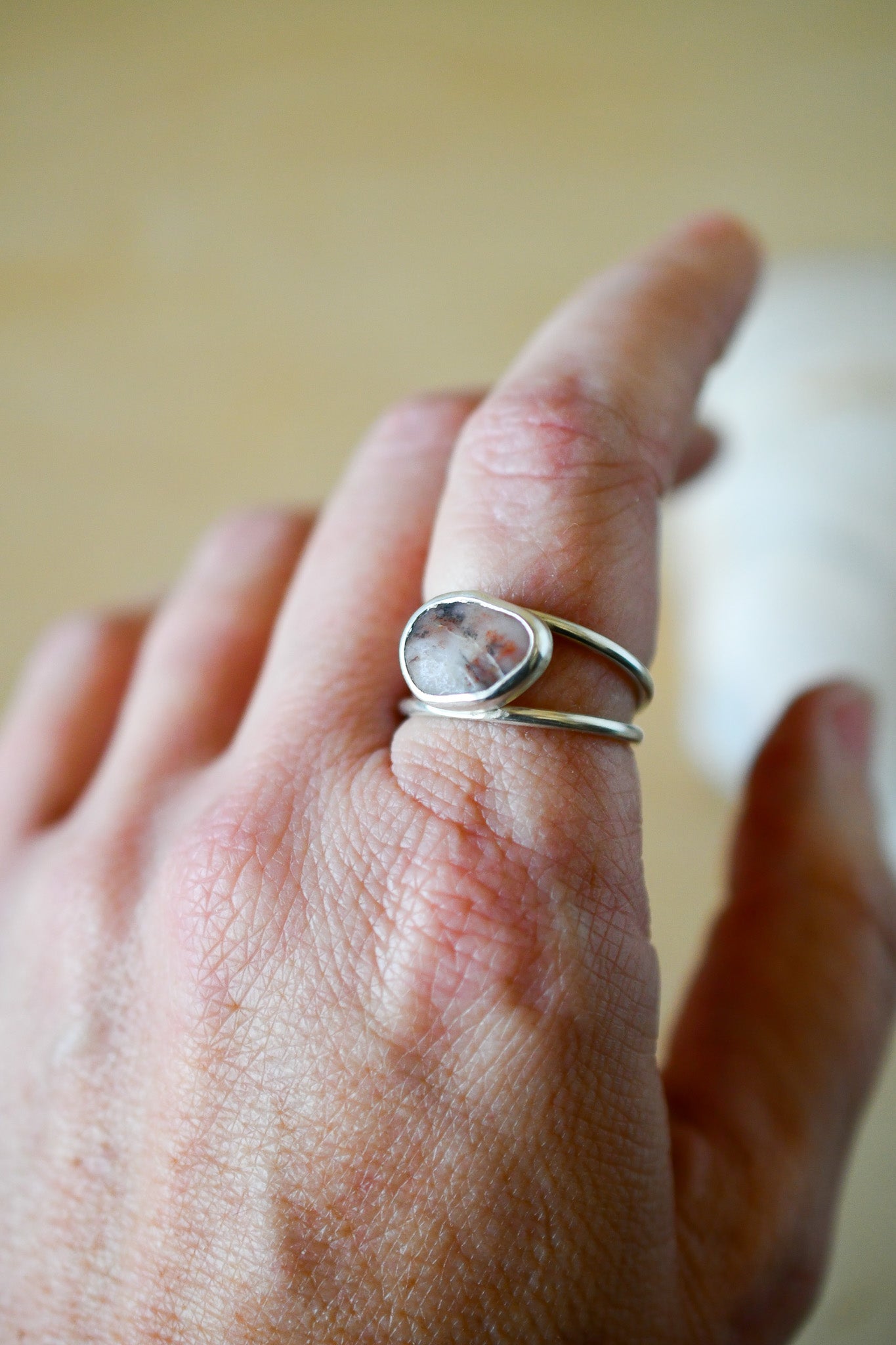 Pink & White Beach Stone Ring: Size 9-9.25 US