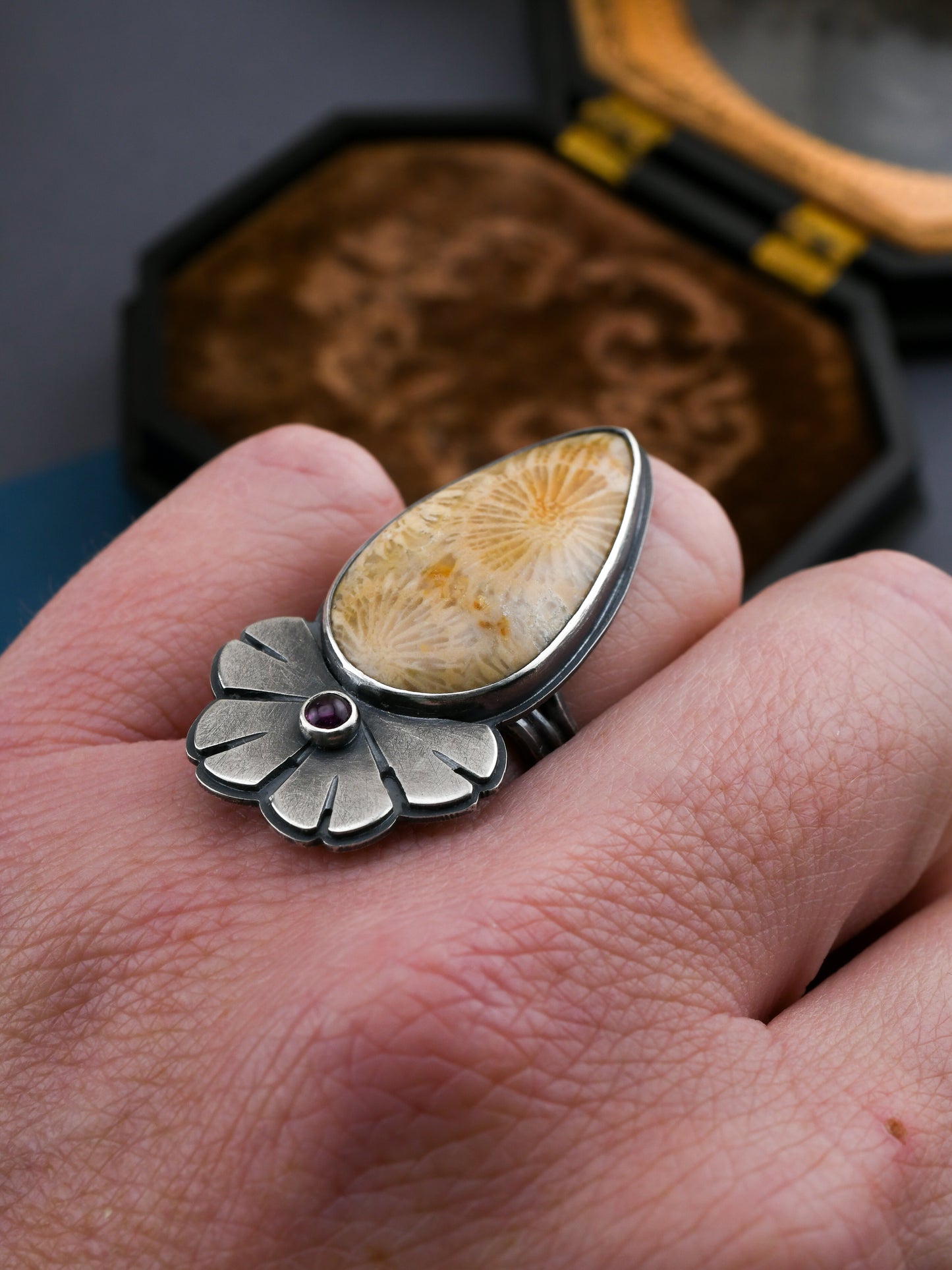Helios Ring with Fossilized Coral and Garnet-size 6.5 US