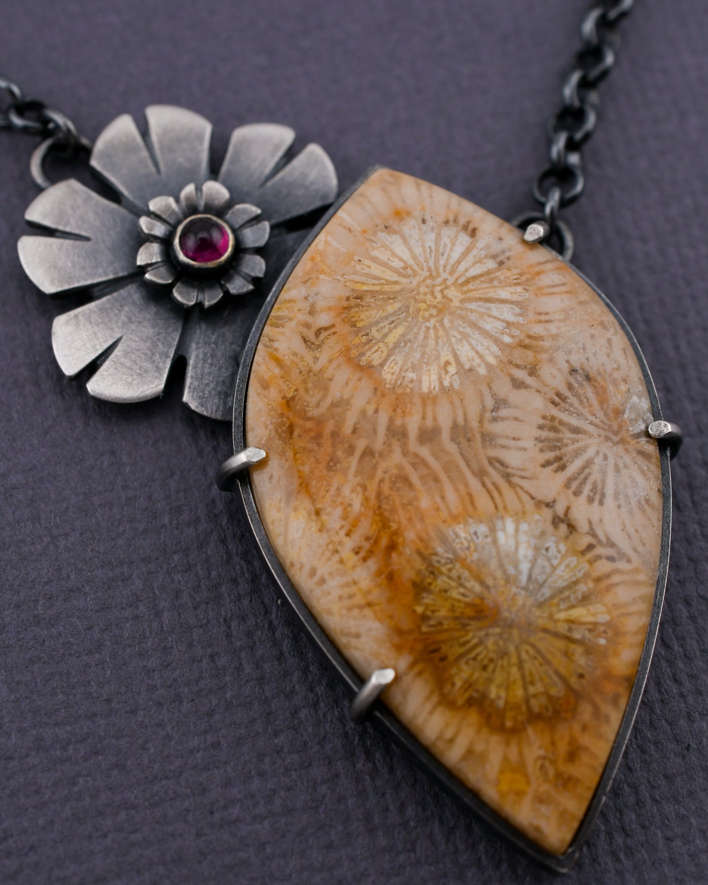 Helios Necklace: Golden Fossilized Coral & Garnet