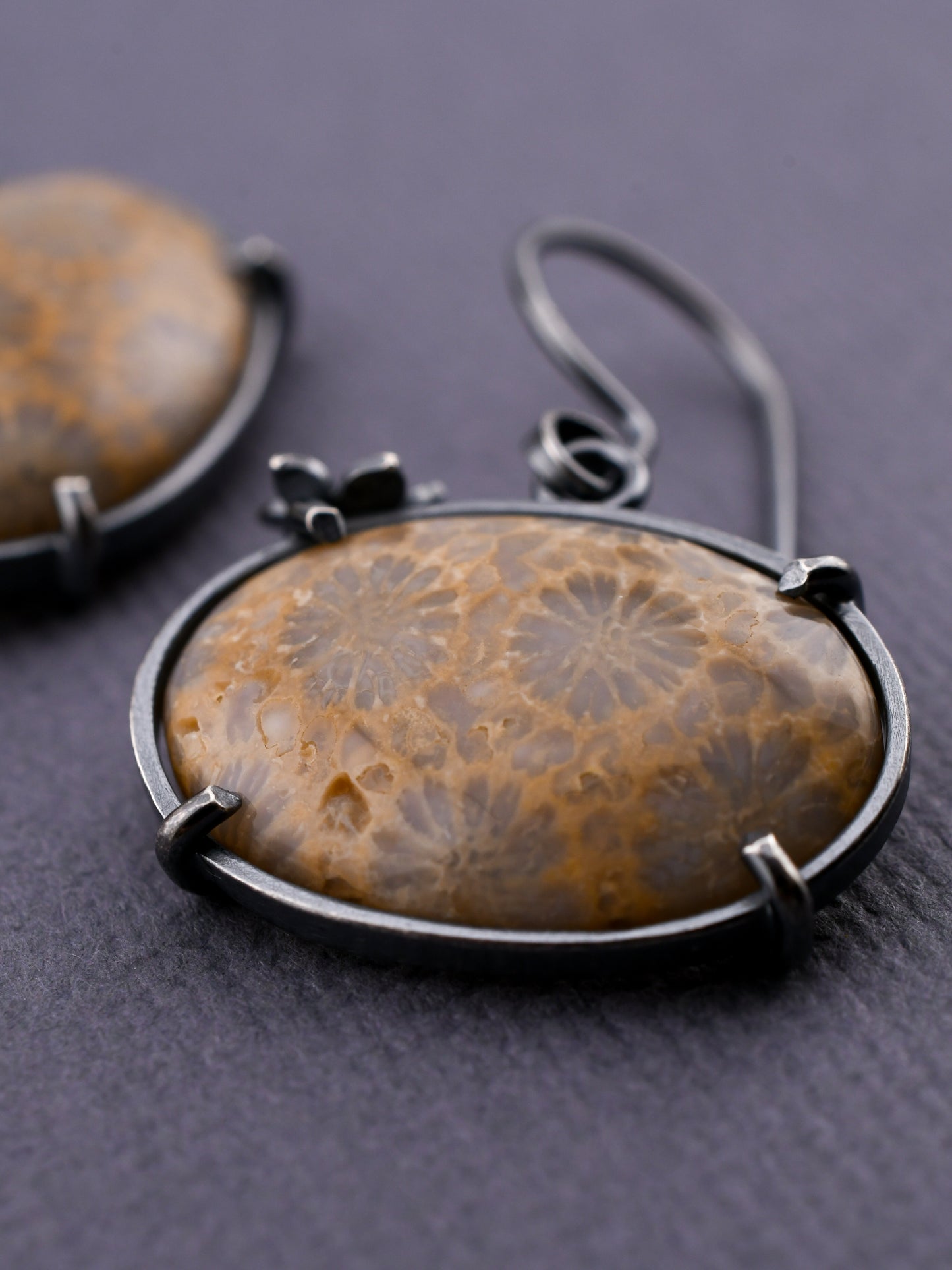 Fossilized coral stone earrings on a dark gray background