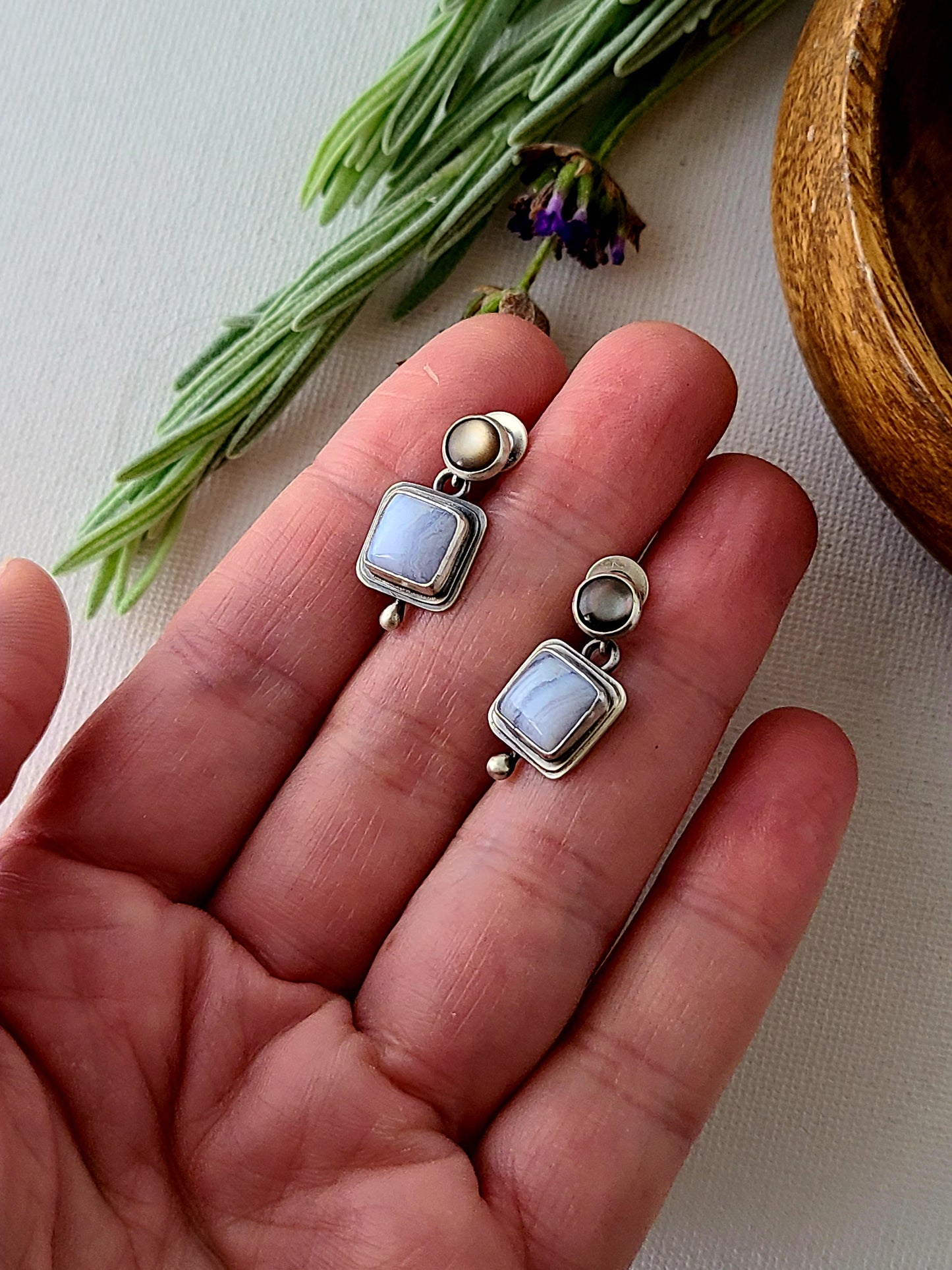 Blue Mist: Square Agate Stud Earrings