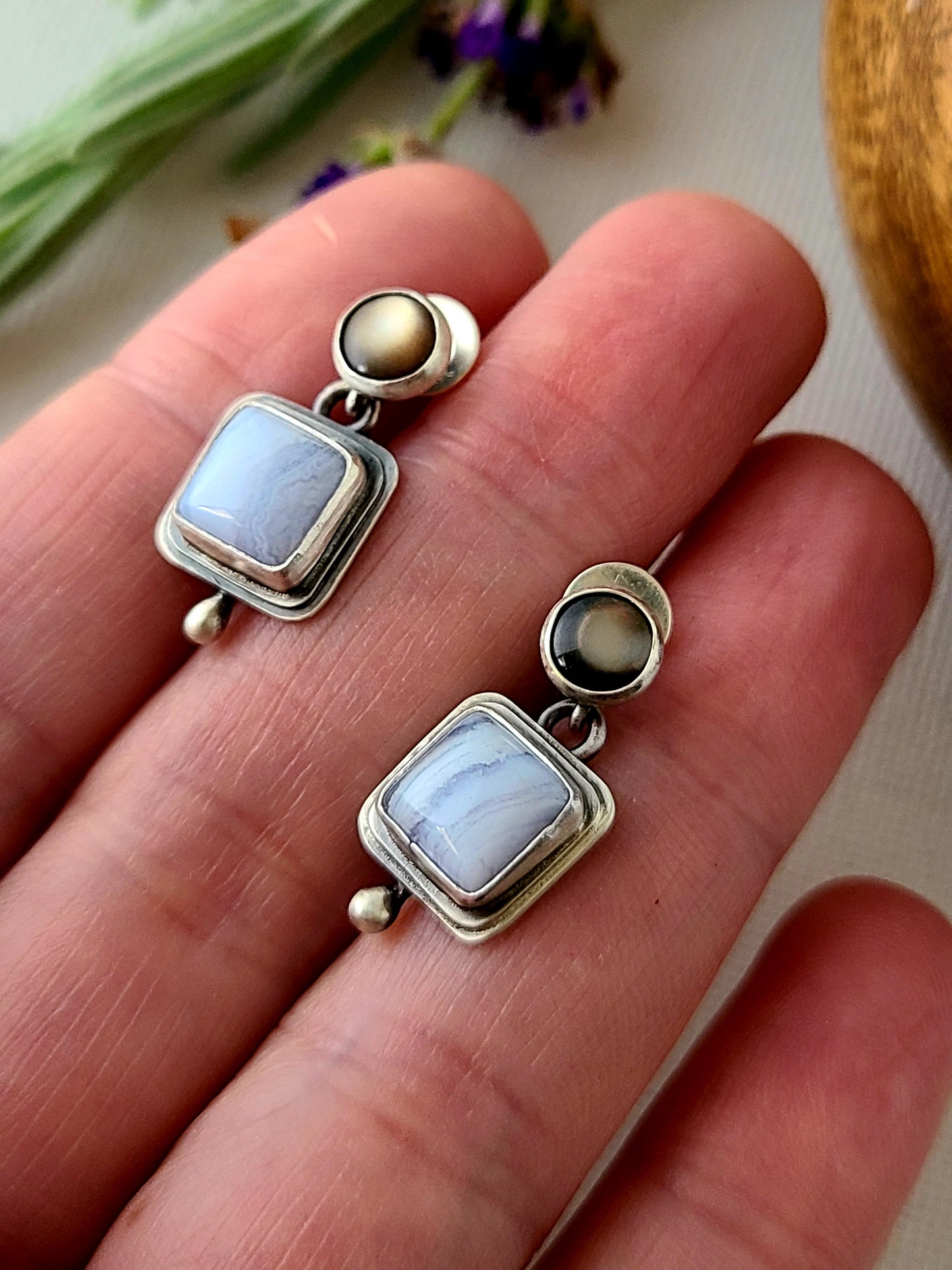Blue Mist: Square Agate Stud Earrings