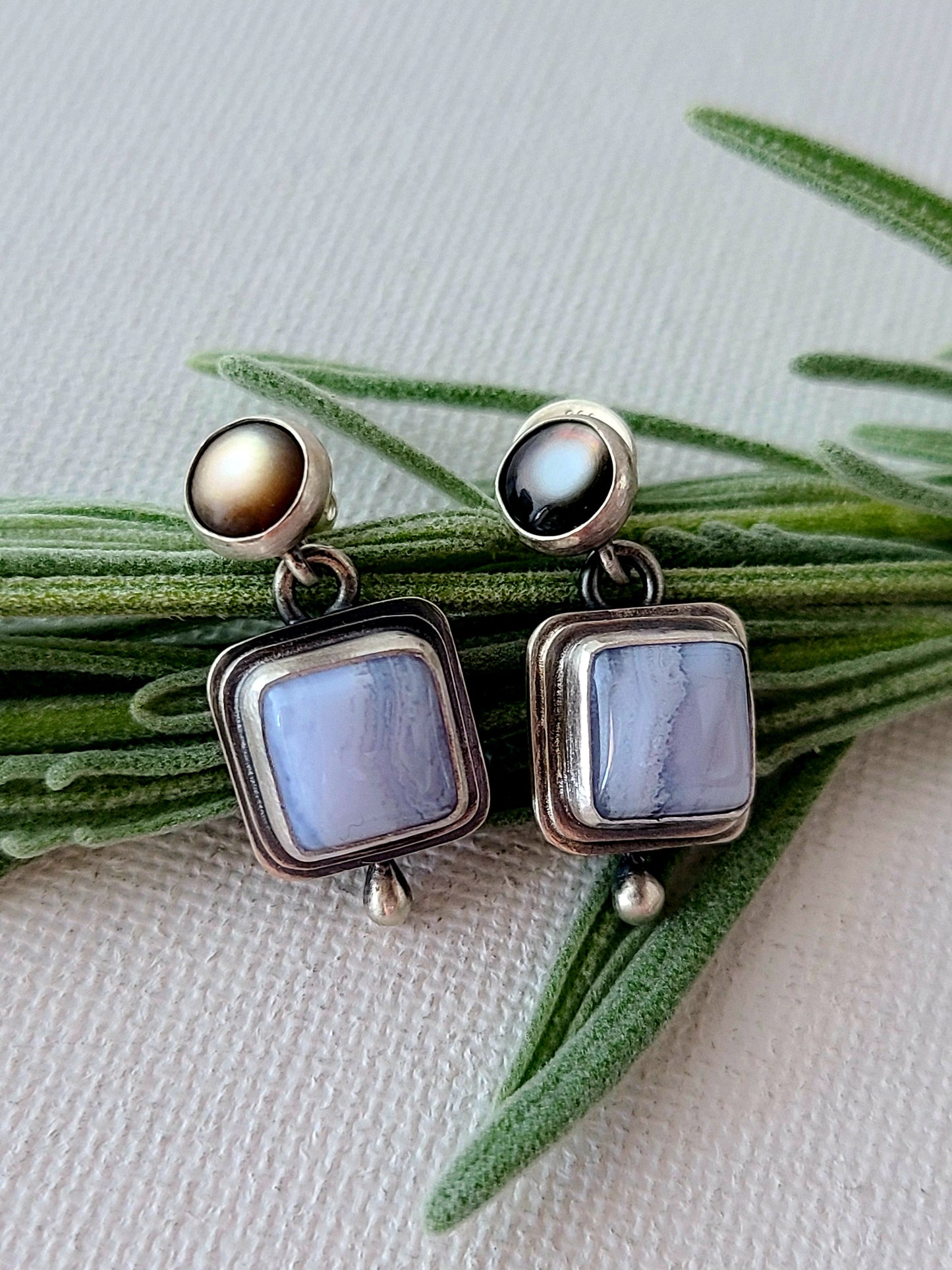 Blue Mist: Square Agate Stud Earrings