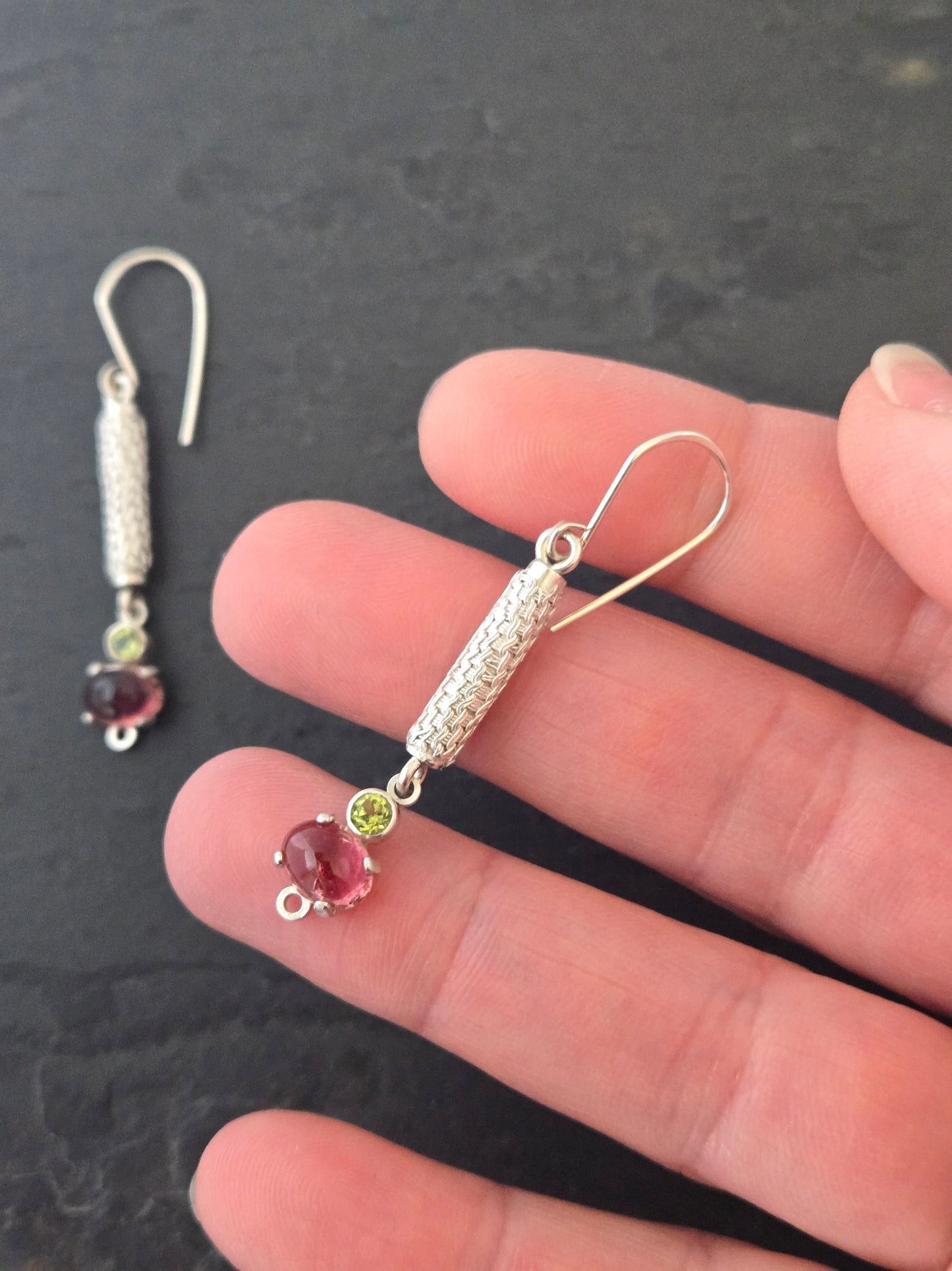 Petite Column Earrings with Pink Tourmaline and Peridot