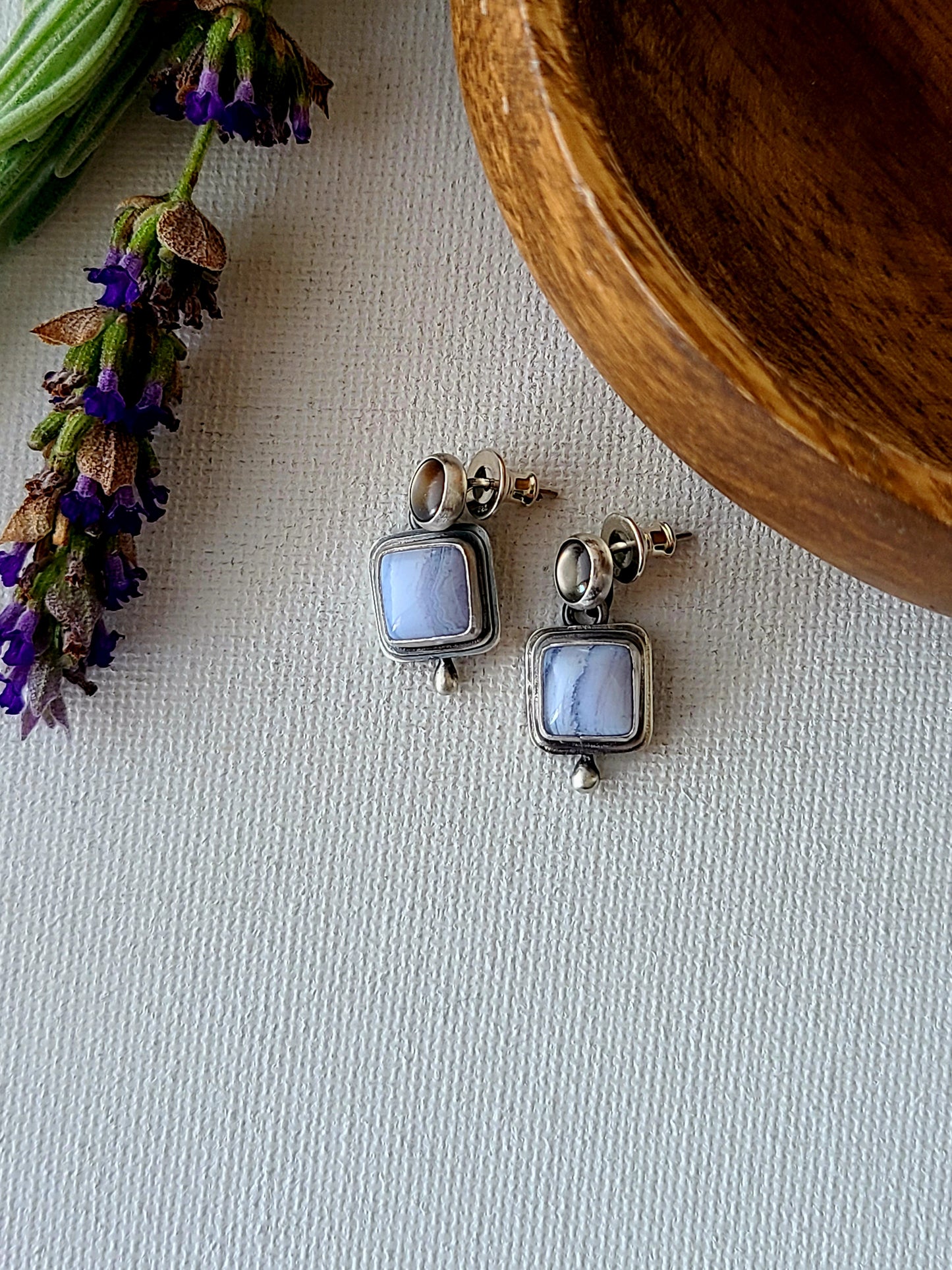 Blue Mist: Square Agate Stud Earrings