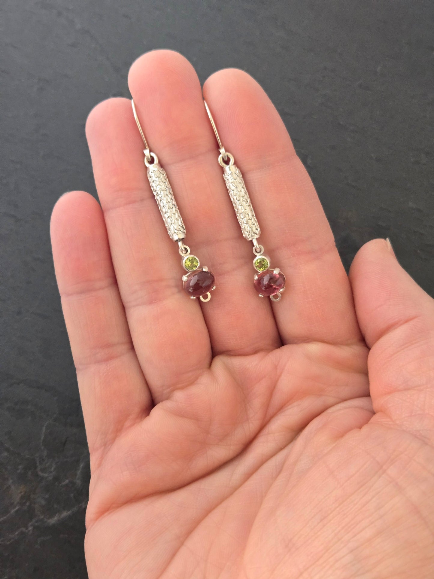 Petite Column Earrings with Pink Tourmaline and Peridot
