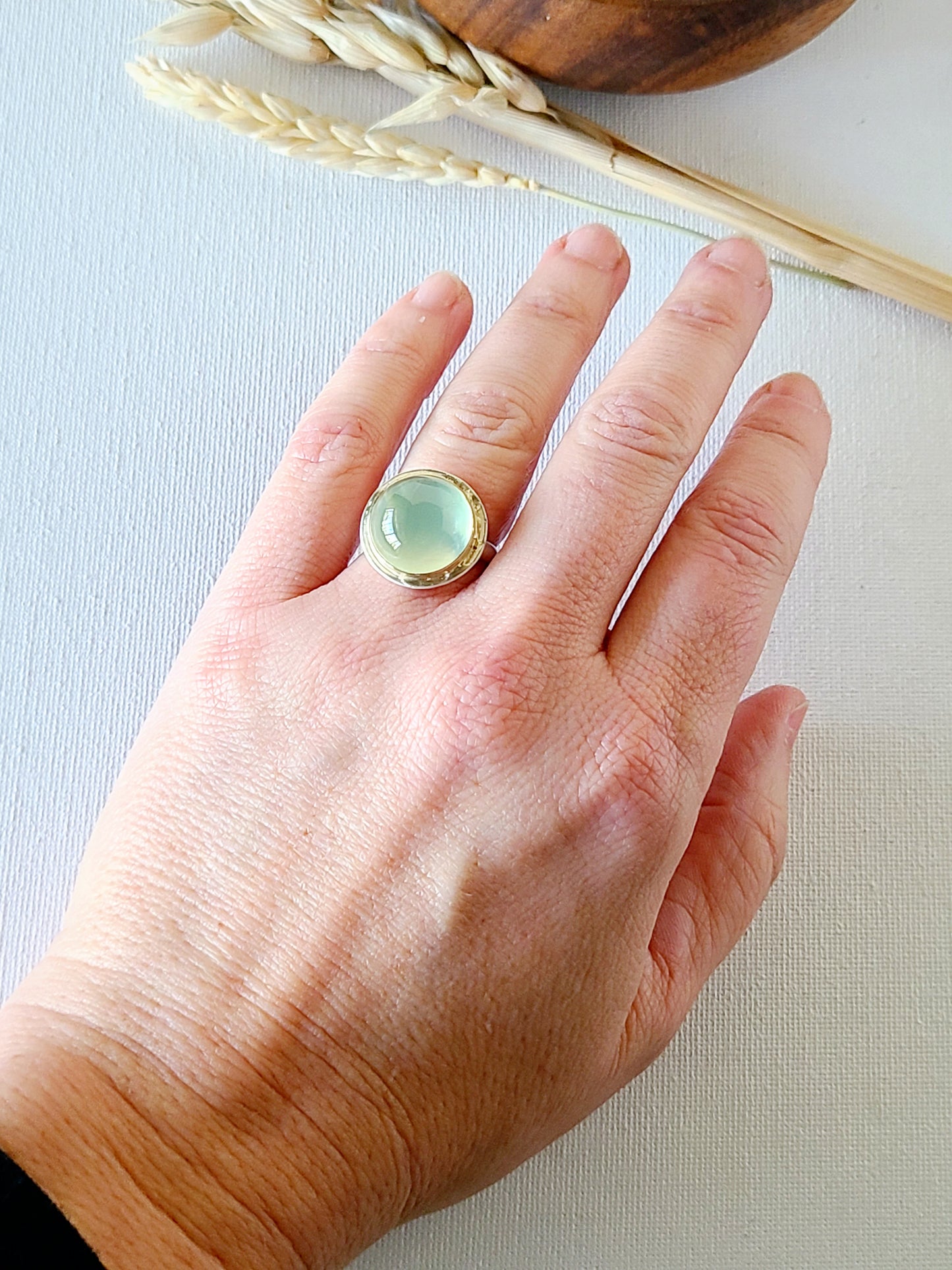 Prehnite high dome round ring-ss/14k size 6.75 US