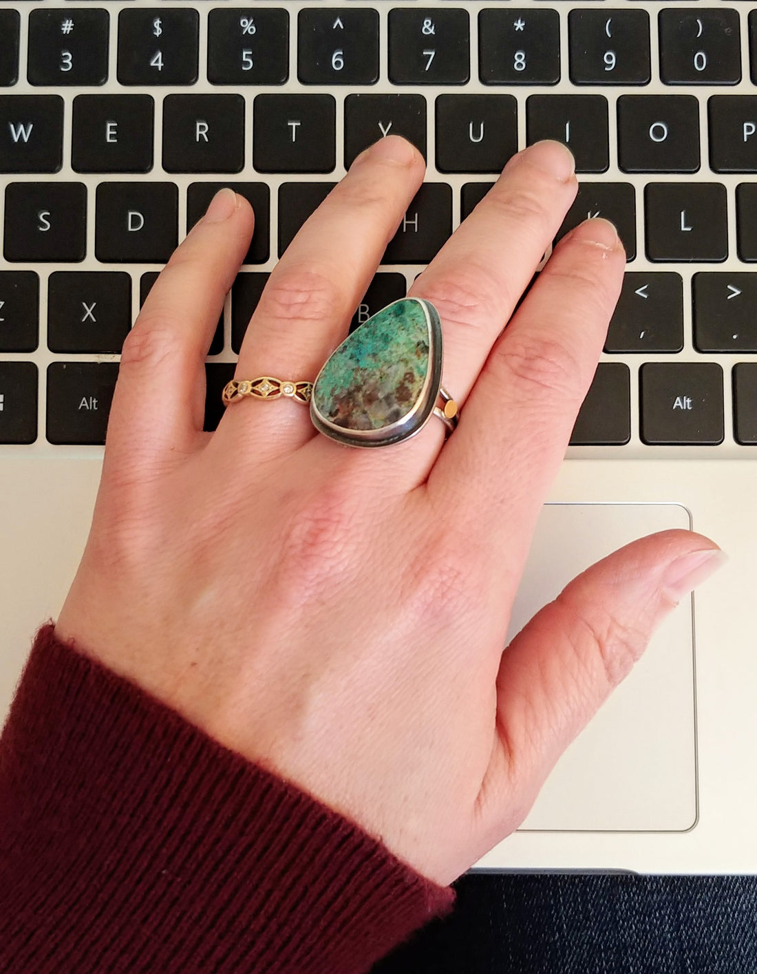 Working from home with my silver and gold Chrysocolla statement ring