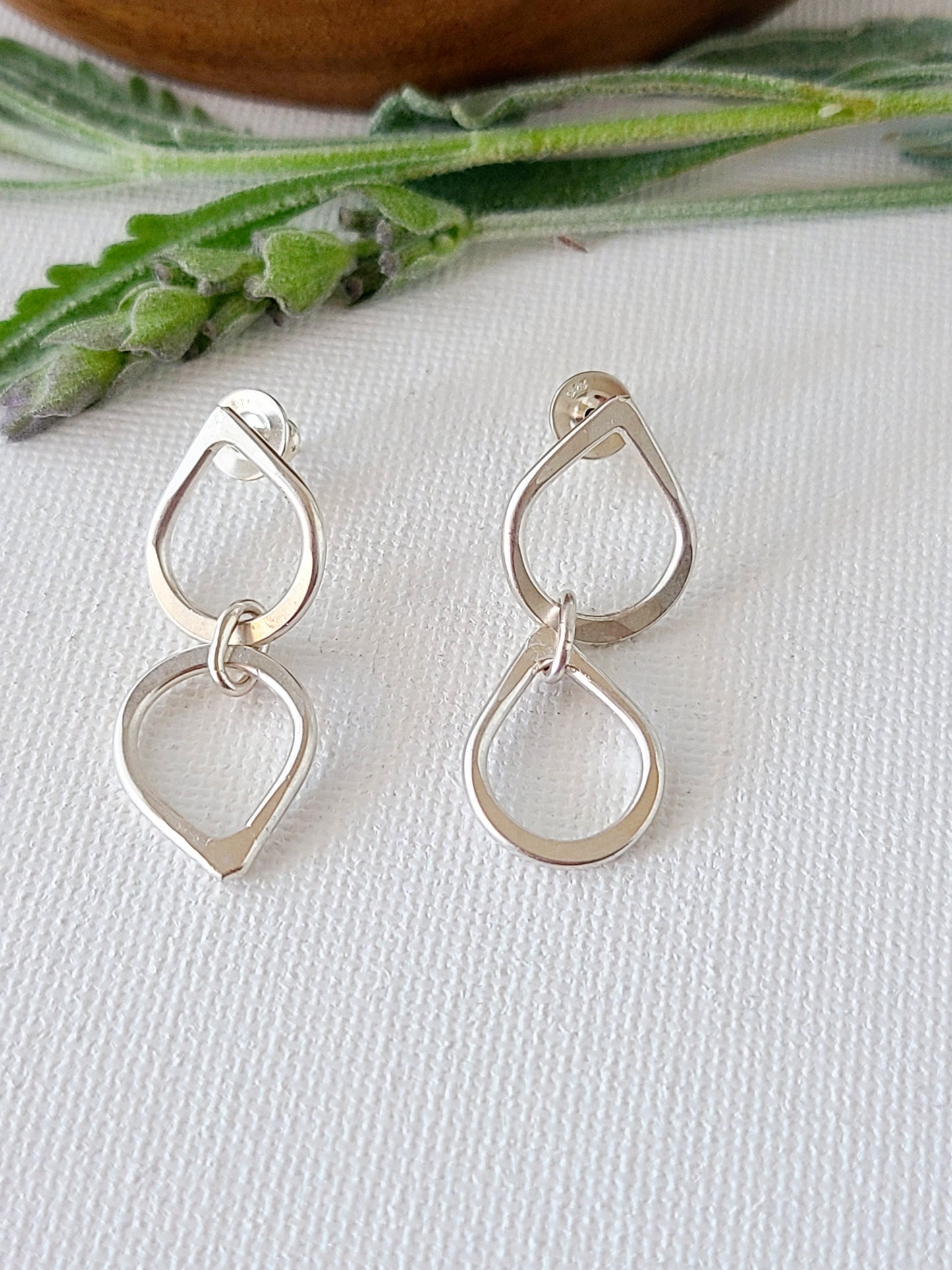 Silver Leaf Earrings with 2 drops-Dangle or Stud