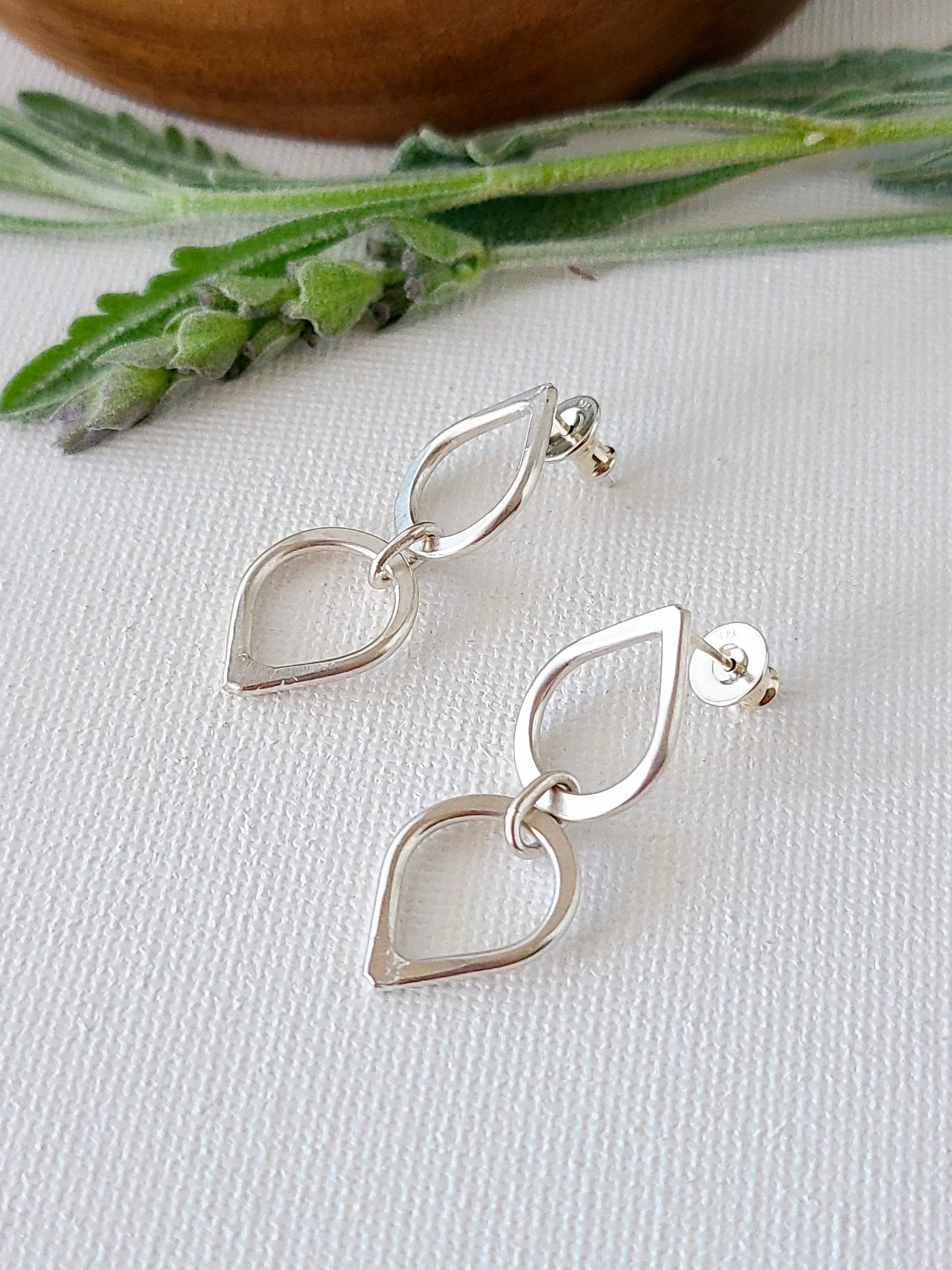 Silver Leaf Earrings with 2 drops-Dangle or Stud
