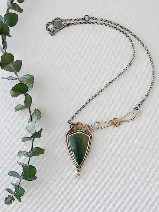Wind Pendant with Larsonite and Green Amethyst-SS/14k