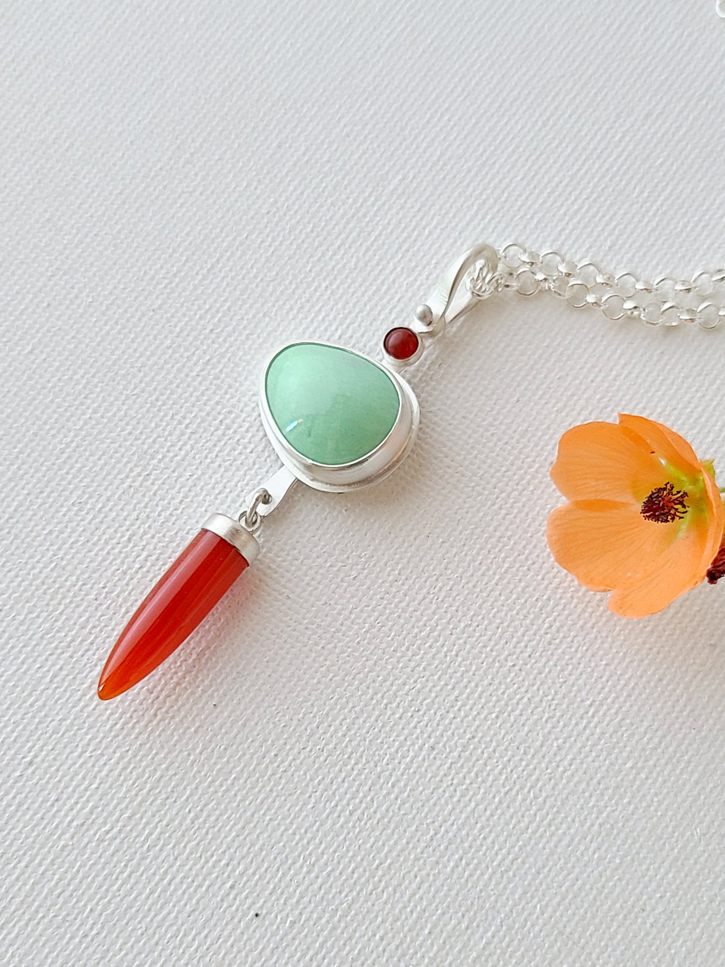 Dagger Necklace with Carnelian and Variscite-light green