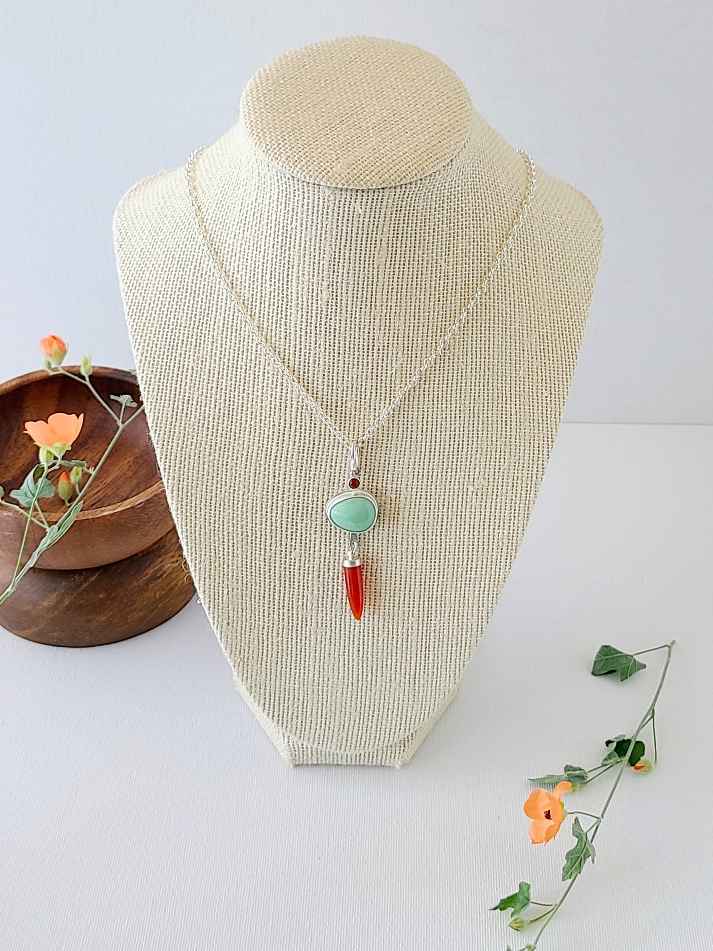 Dagger Necklace with Carnelian and Variscite-light green