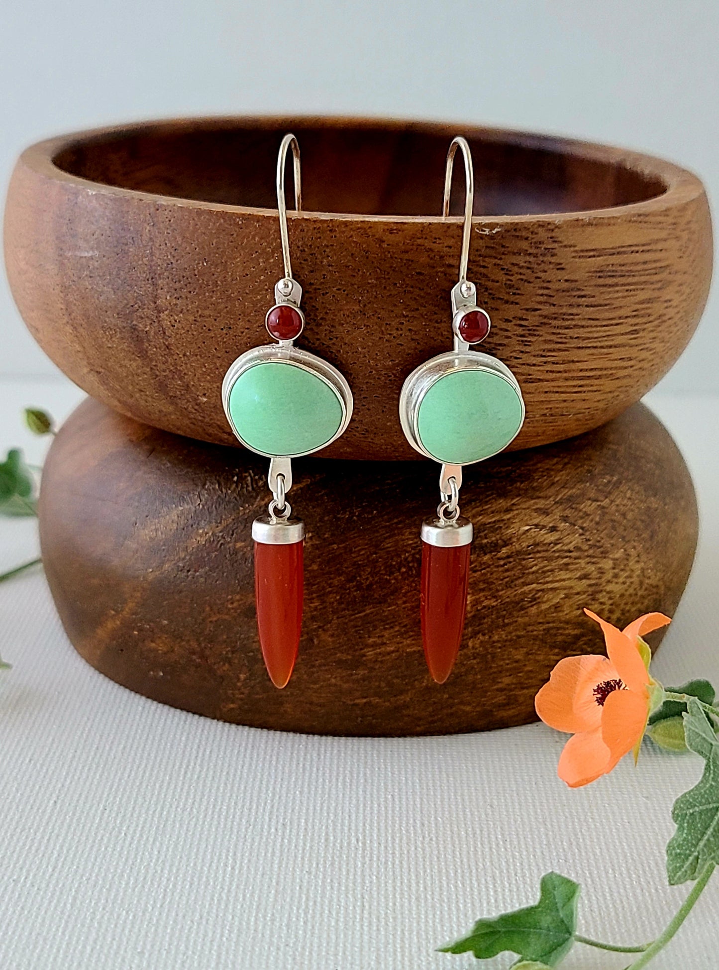 Dagger Earrings with Carnelian and Variscite-light green