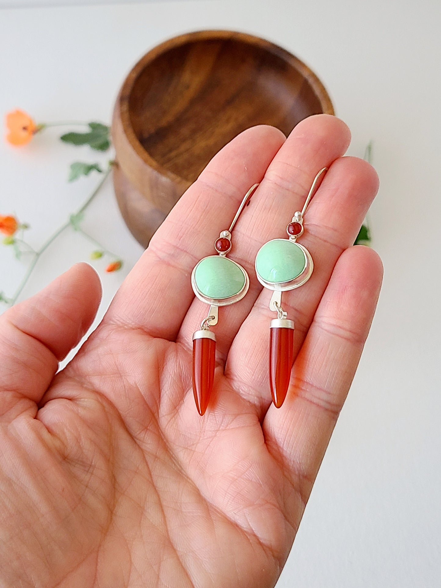 Dagger Earrings with Carnelian and Variscite-light green